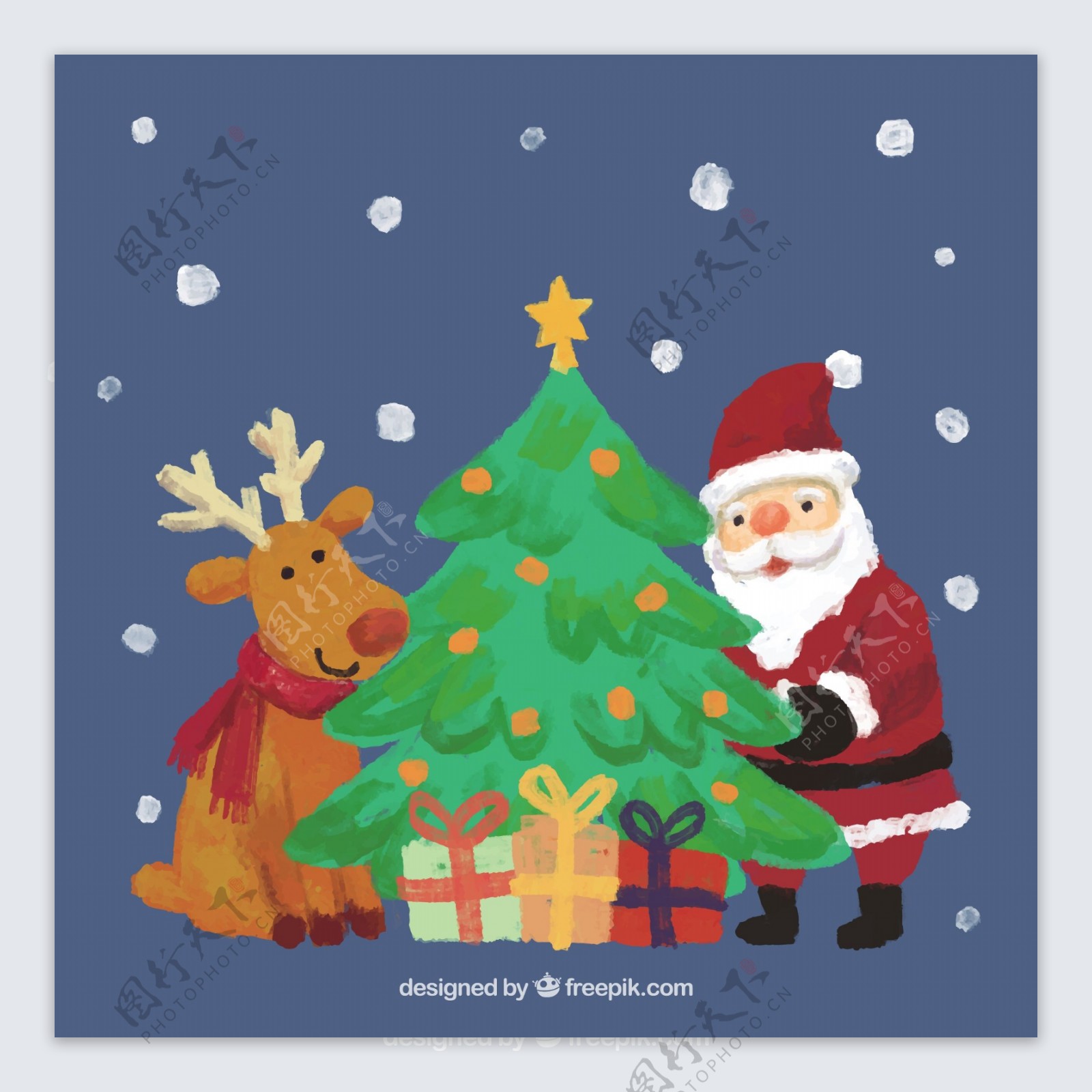 手画驯鹿圣诞老人克劳斯和圣诞树