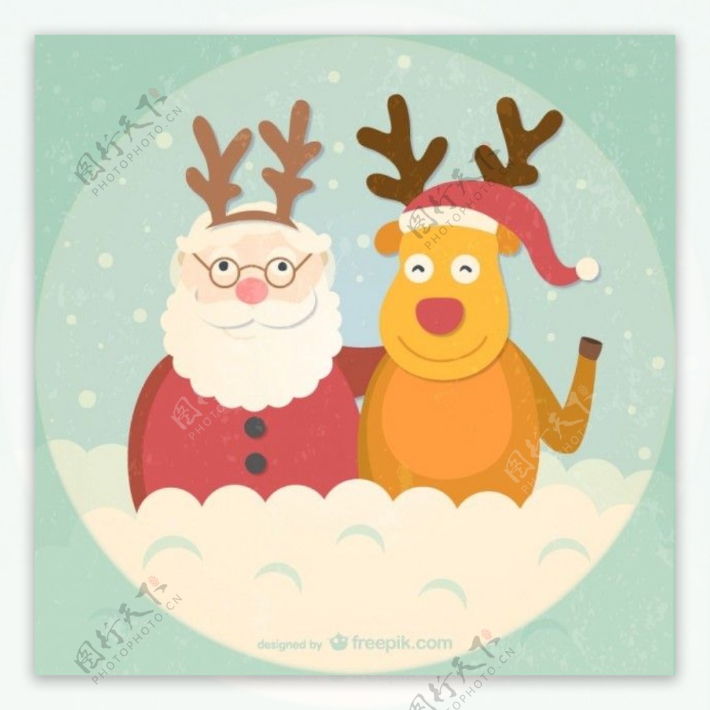 复古风格的圣诞老人和驯鹿卡通