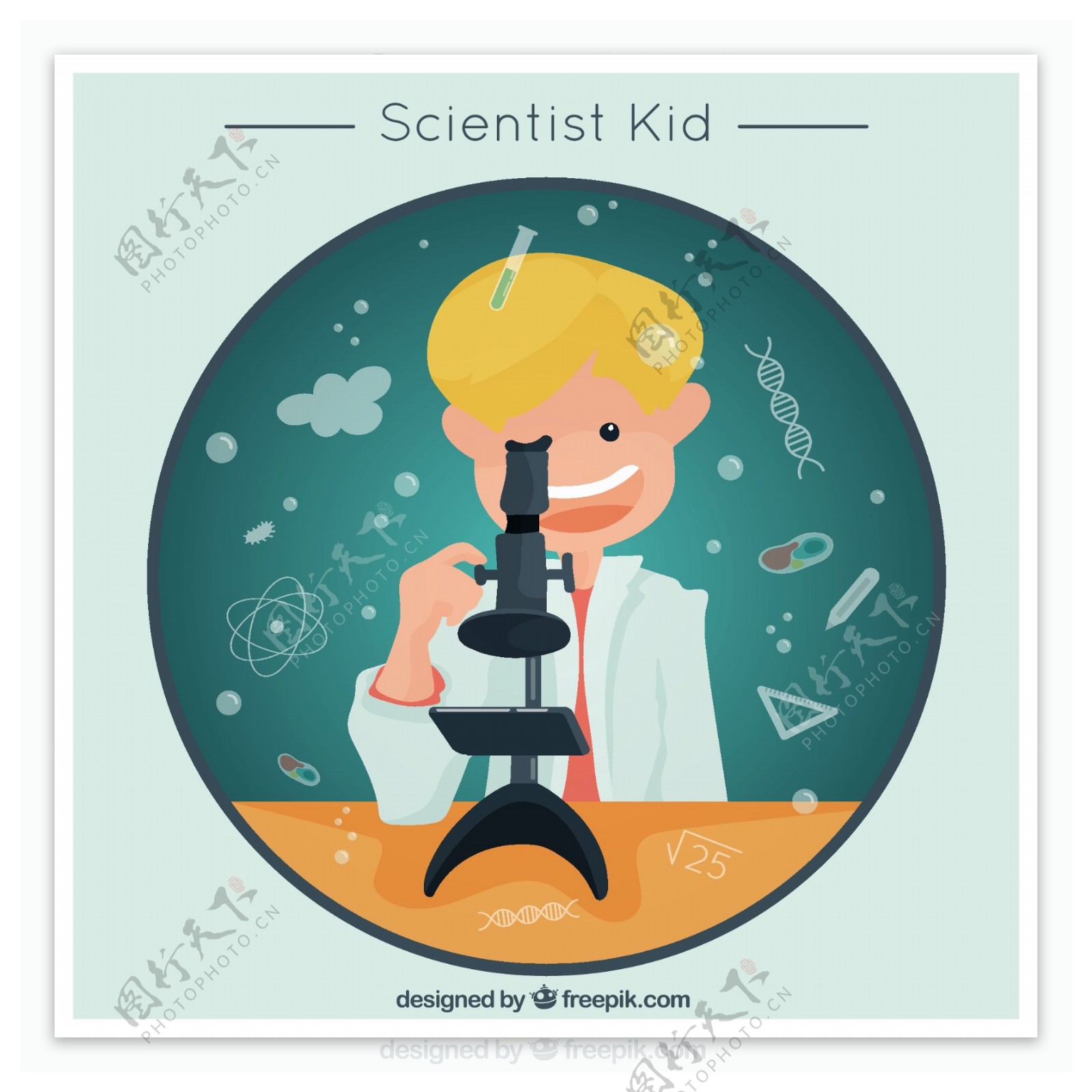 金发的孩子用他的显微镜