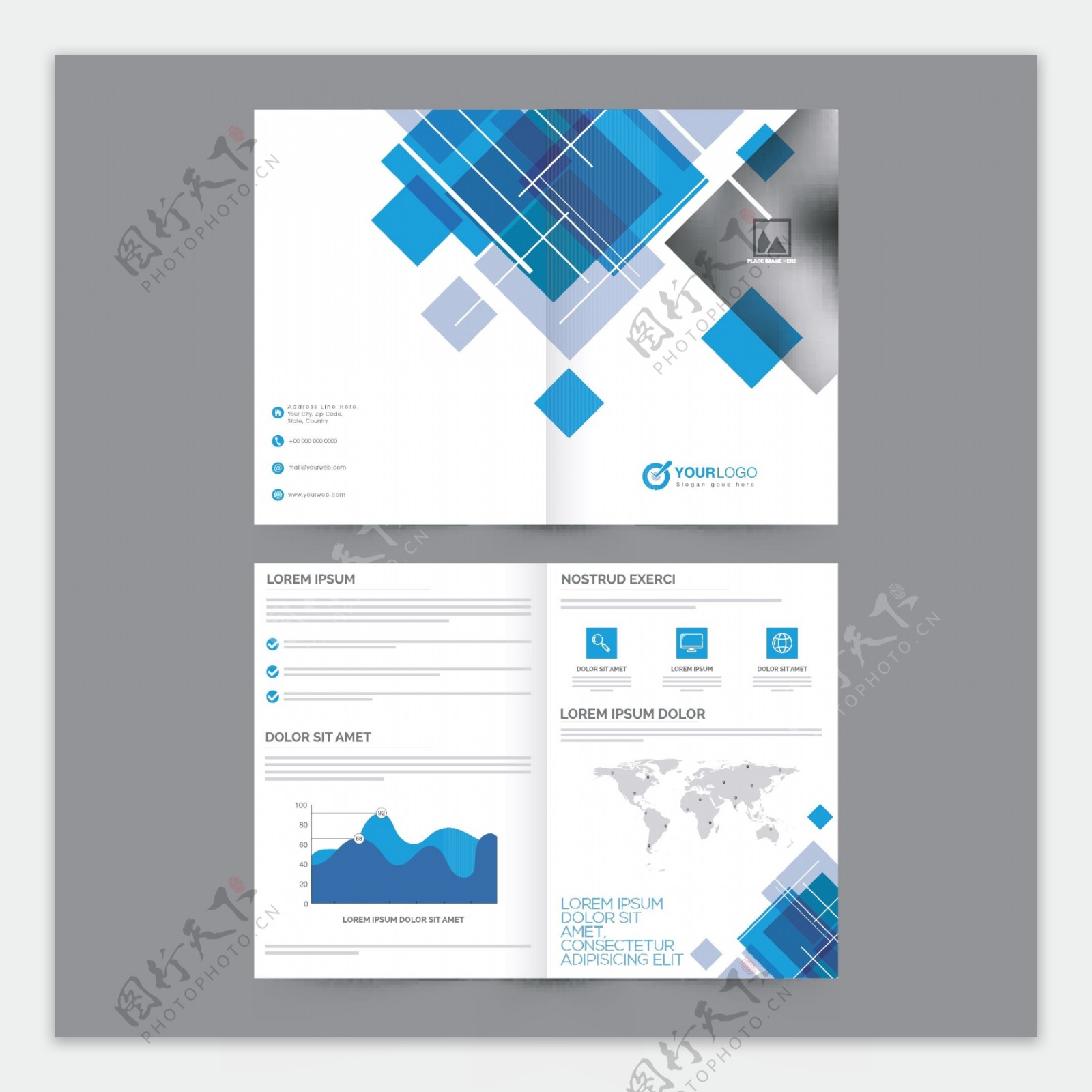 四页公司宣传册蓝色抽象设计统计图表和空间添加商业概念的形象