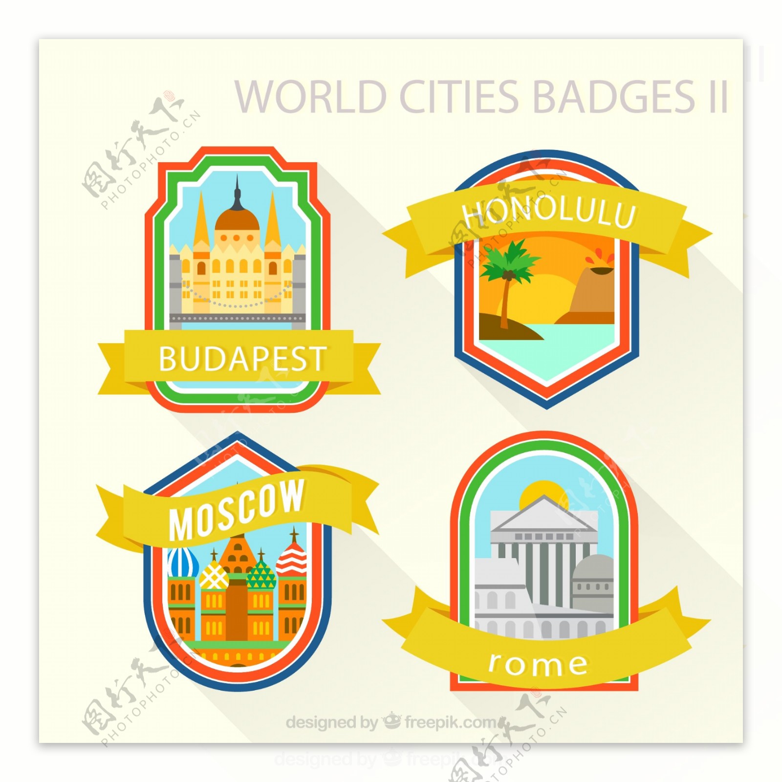 4款环球旅行城市标签矢量素材