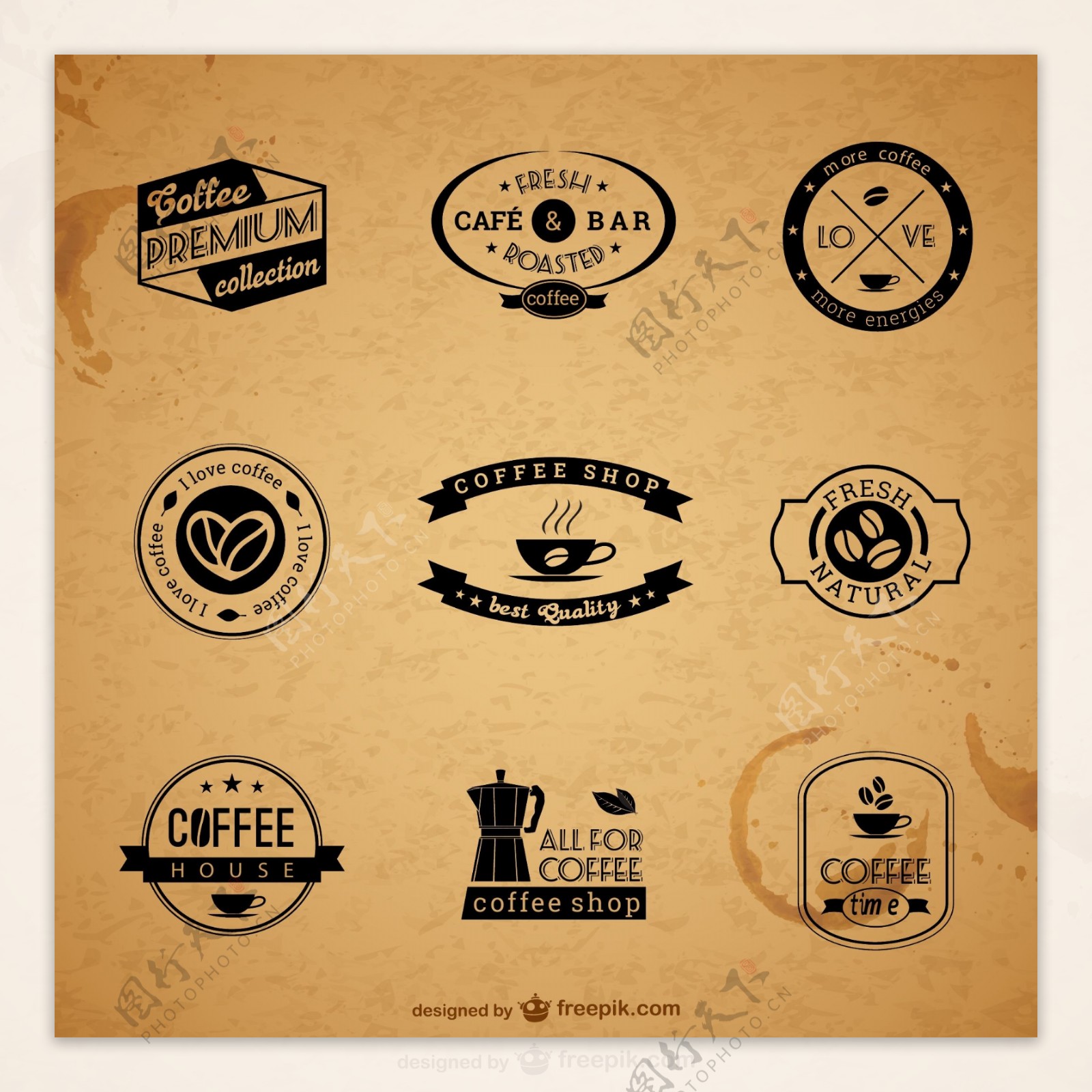 高级咖啡标签和徽章
