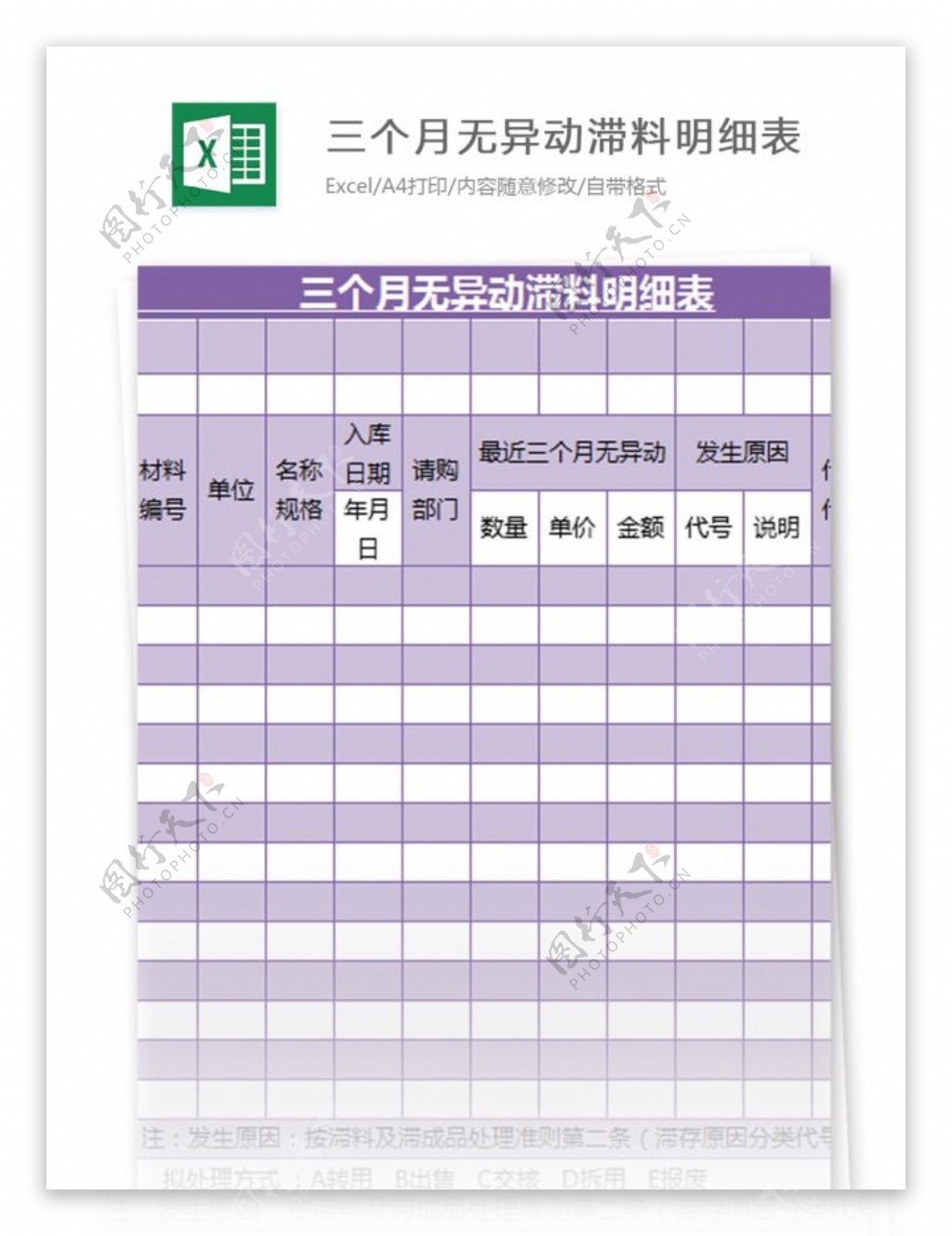 三个月无异动滞料明细表excel模板