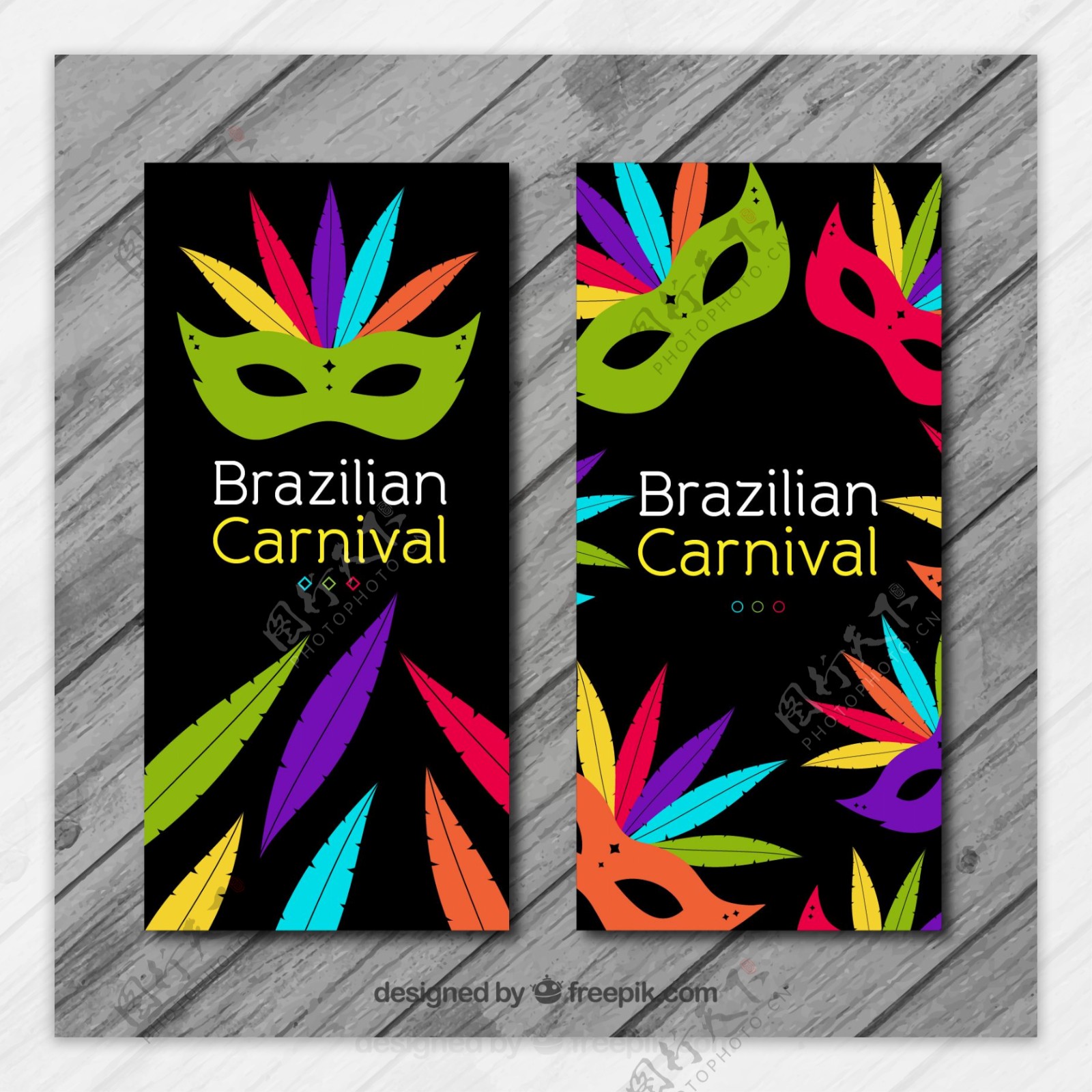 巴西狂欢节的旗帜上有五颜六色的羽毛