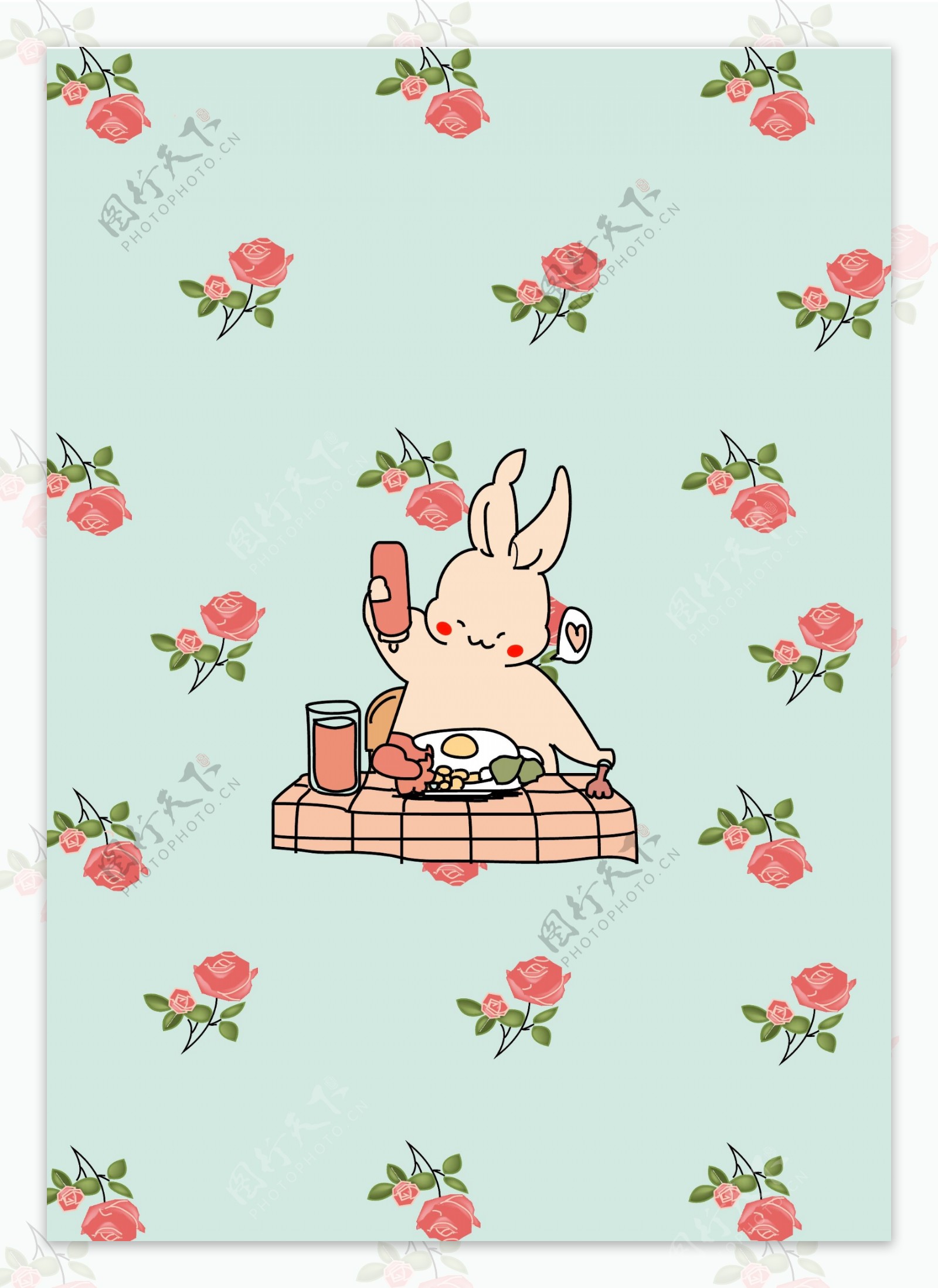 小兔子美食玫瑰花蓝色背景矢量画