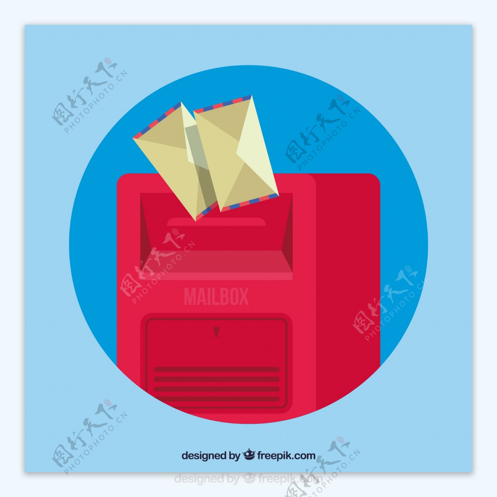红色邮箱蓝色背景和信封