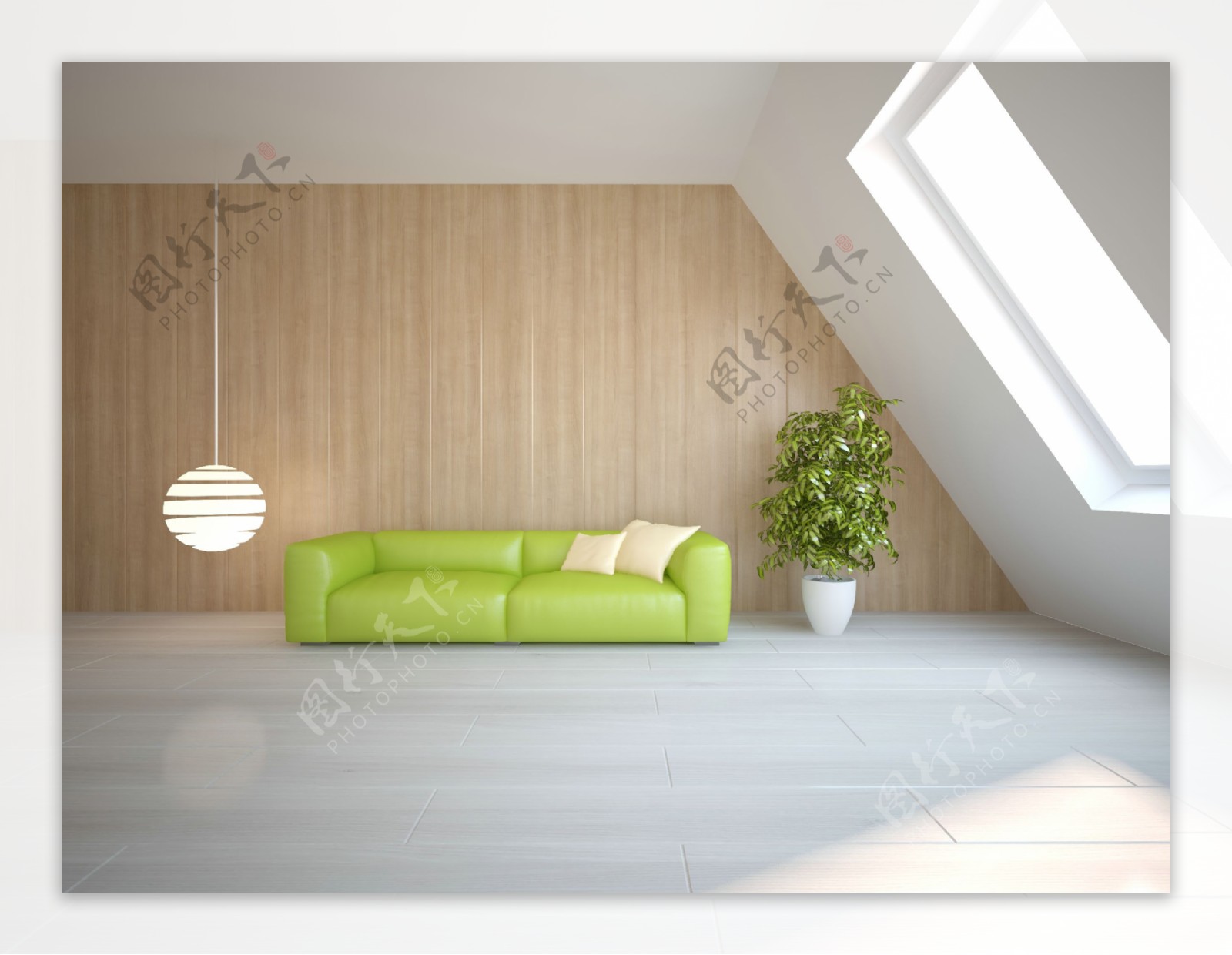 斜坡顶绿色沙发客厅效果图图片