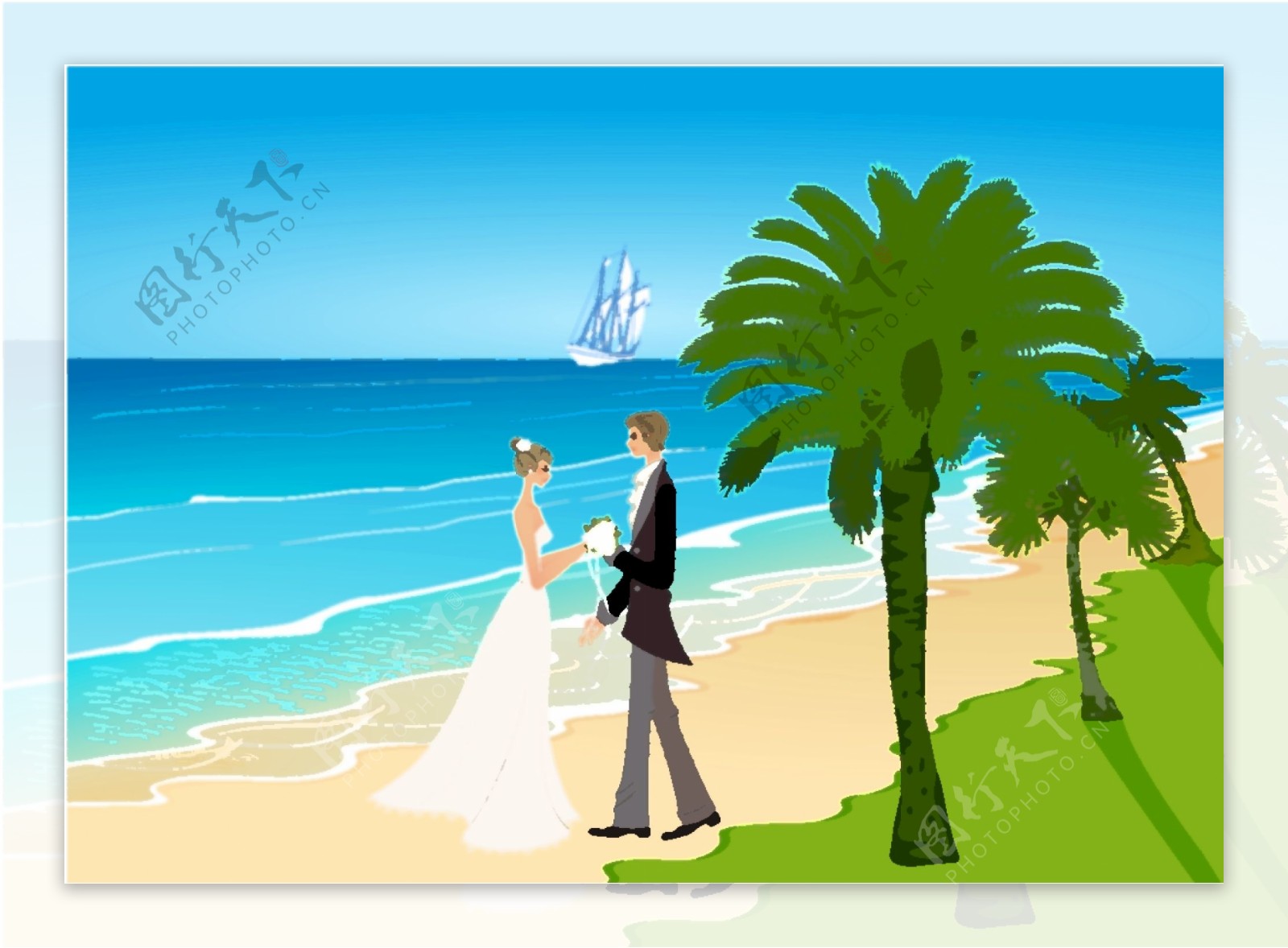 沙滩婚礼海边椰子树矢量人物