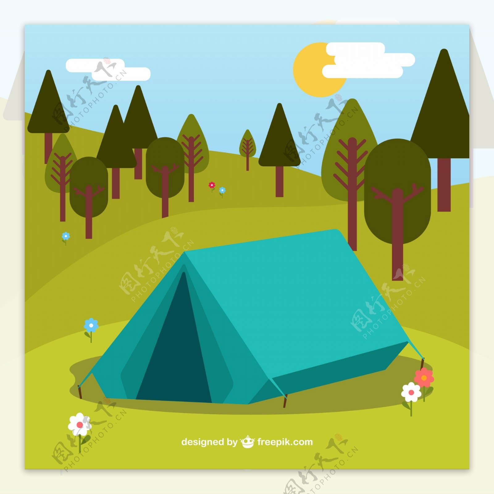 手绘绿色帐篷营地