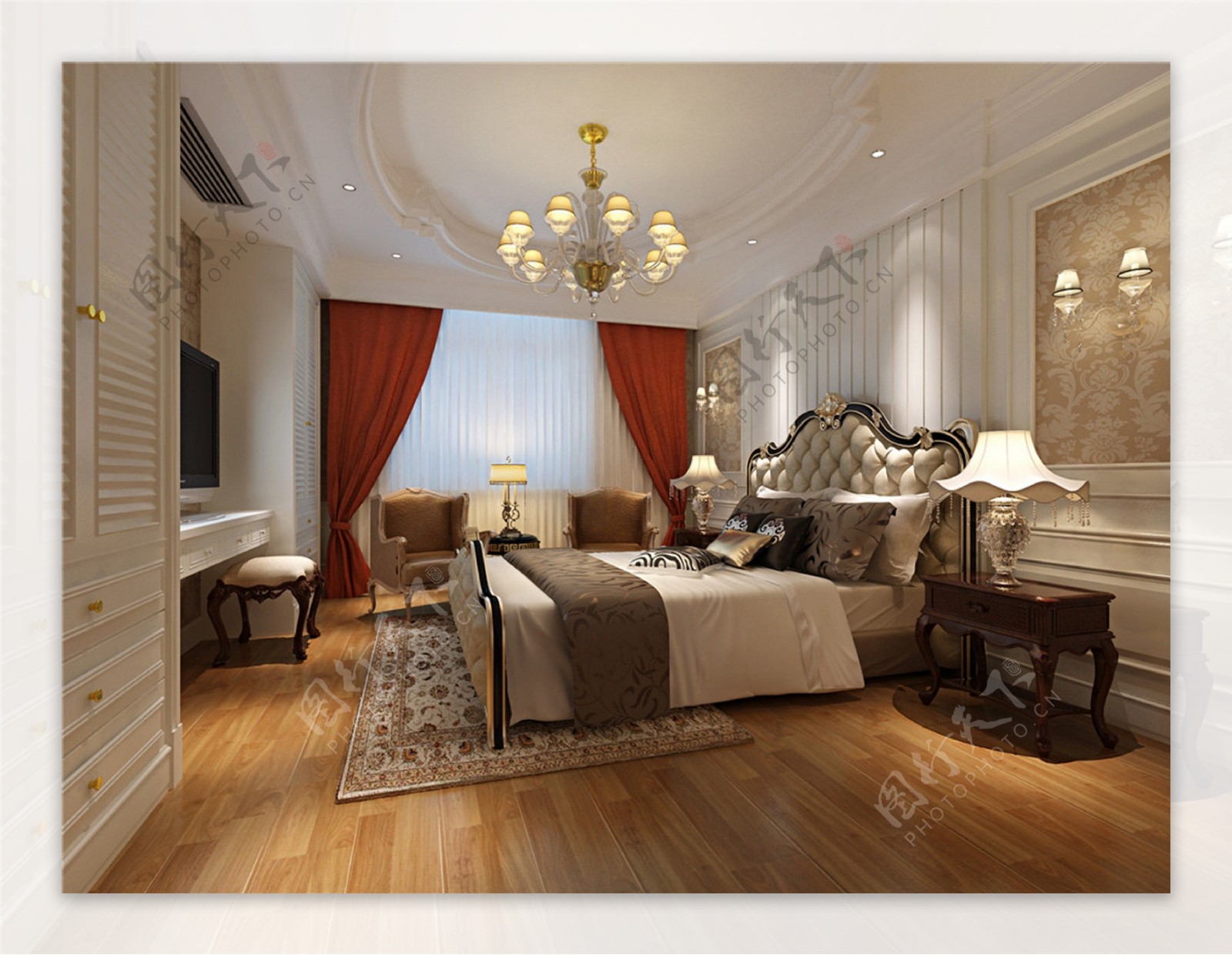 欧式时尚卧室大床落地窗设计图