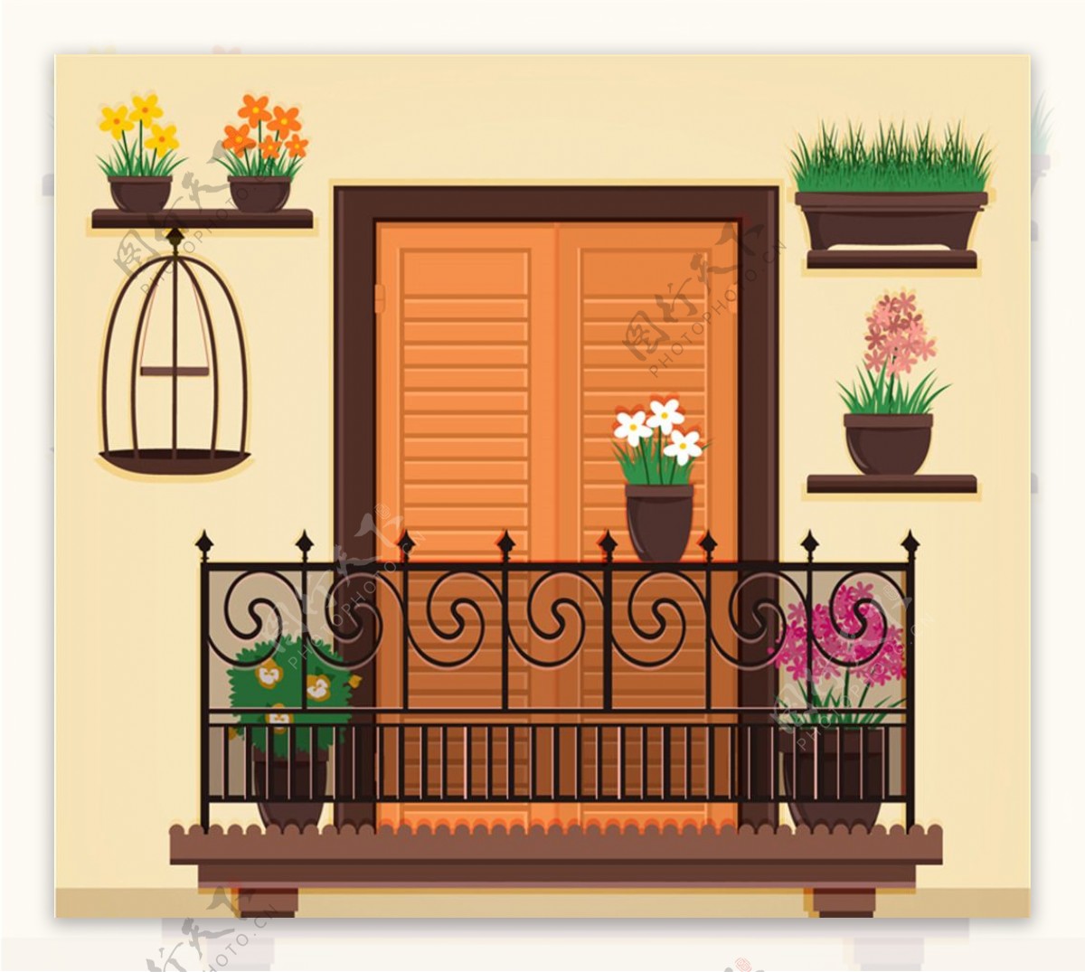 美丽欧式阳台和盆栽矢量素材
