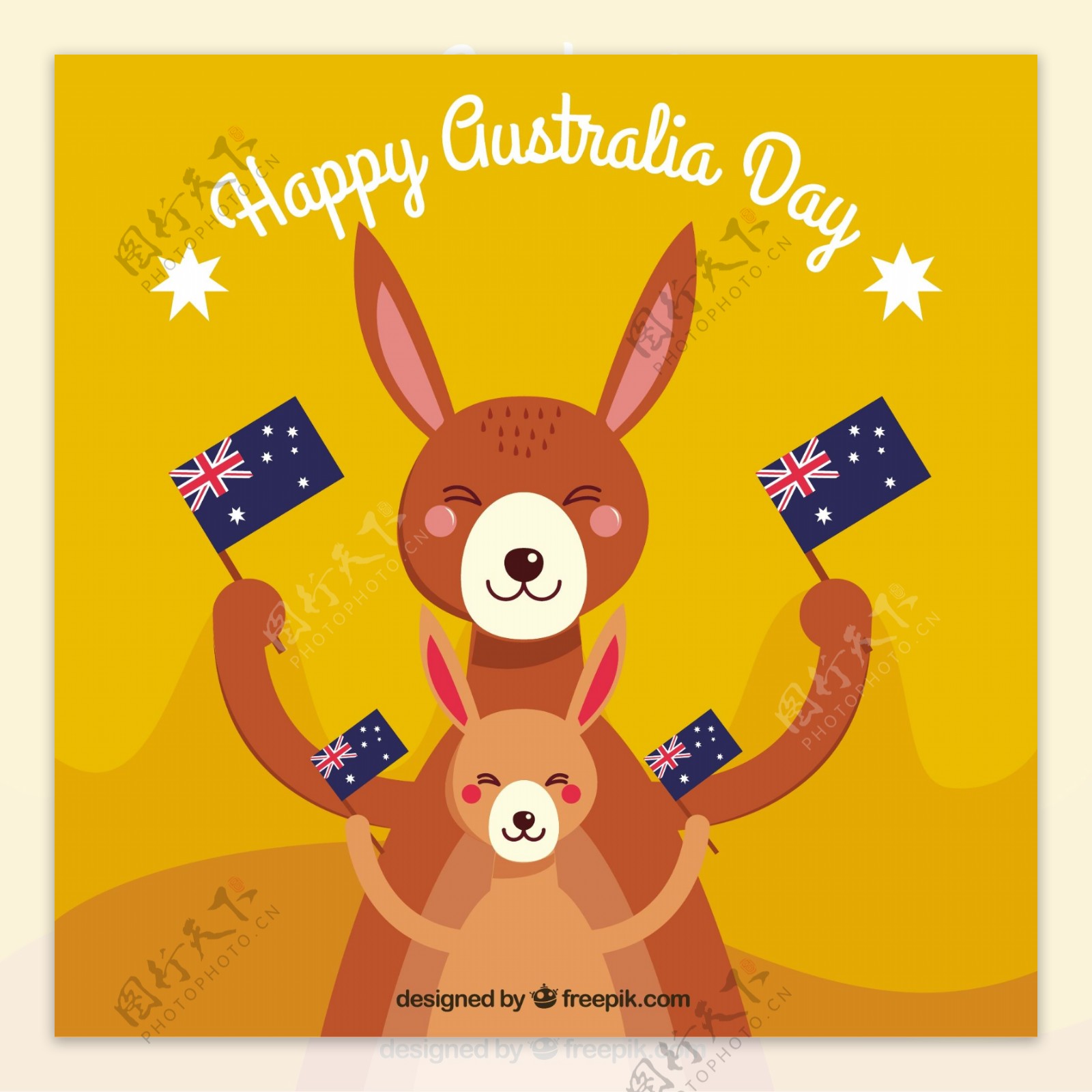 快乐的澳大利亚日面带微笑的袋鼠拿着旗子