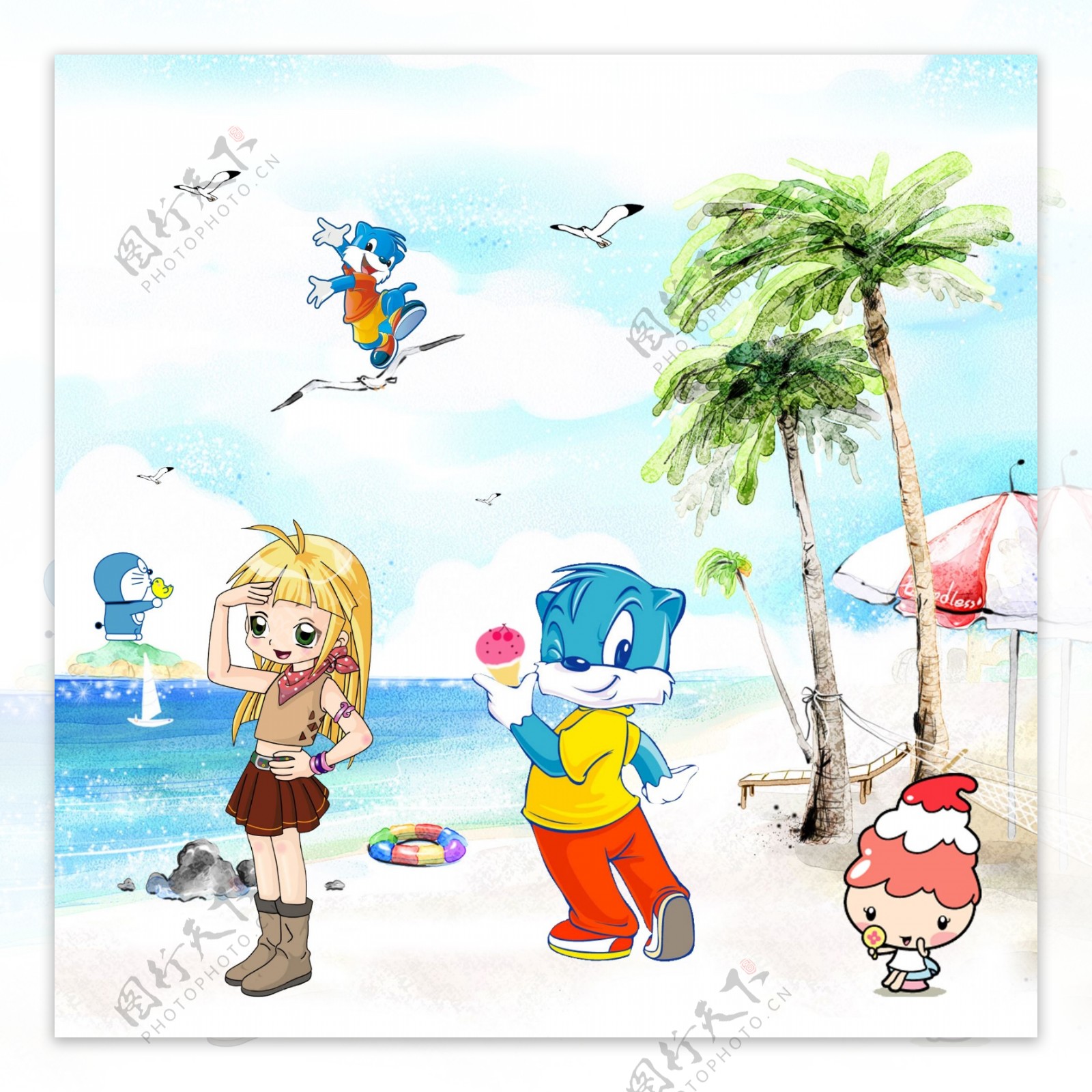 海滩椰树蓝猫卡通形象海报设计