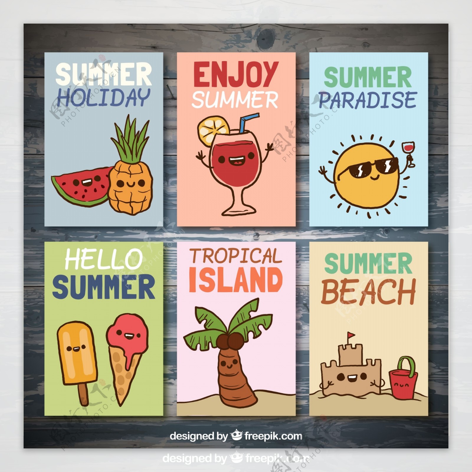 6款彩绘夏季度假卡片矢量素材