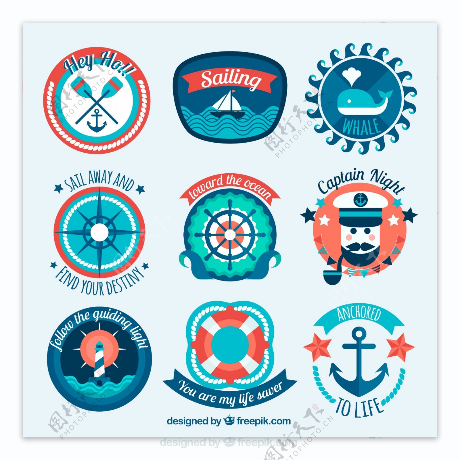9款蓝色航海元素徽章矢量素材