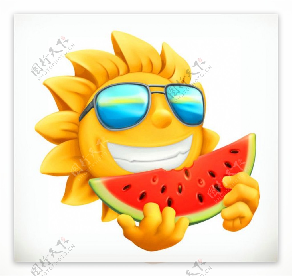 吃西瓜的卡通太阳图片
