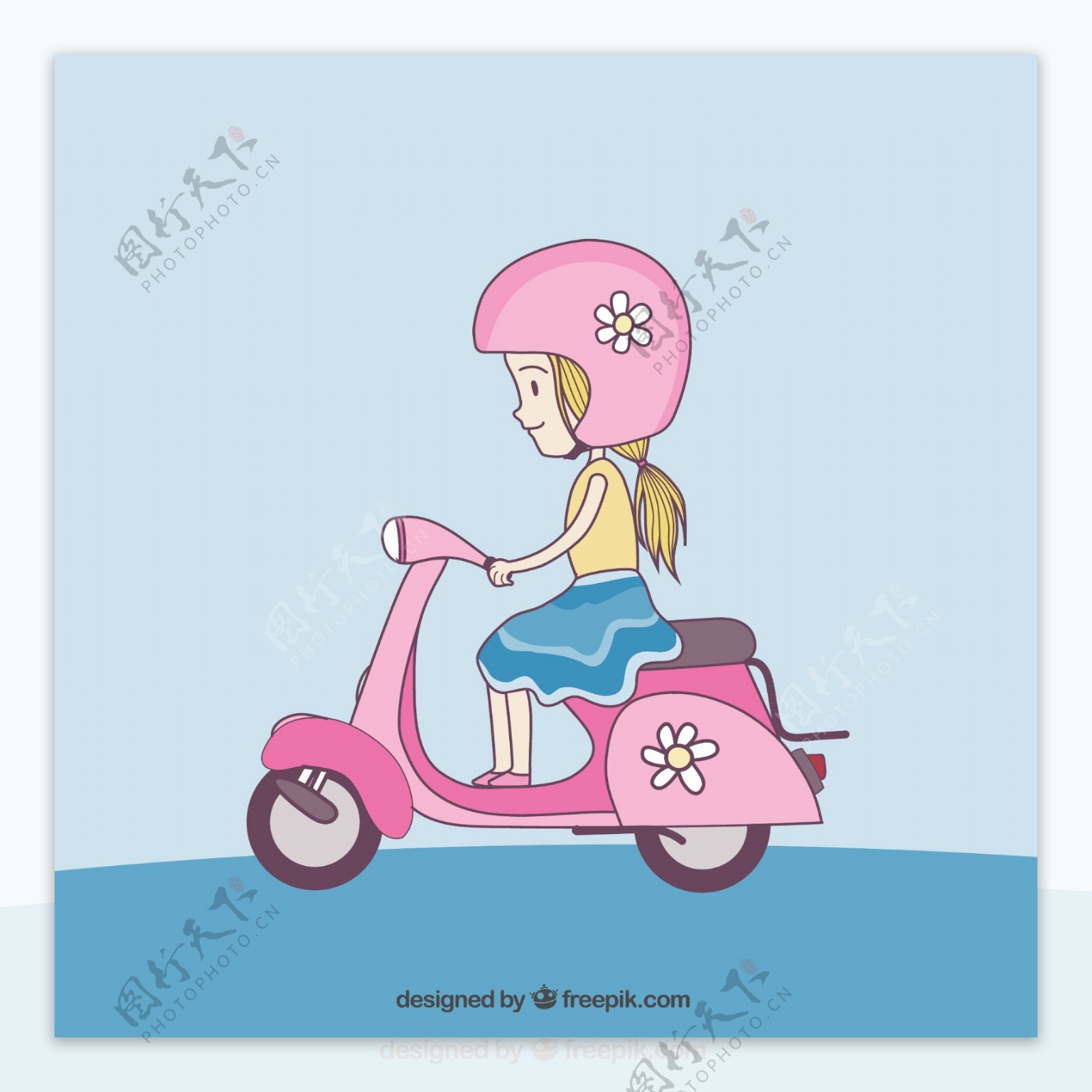 骑粉色电动车的女孩矢量图