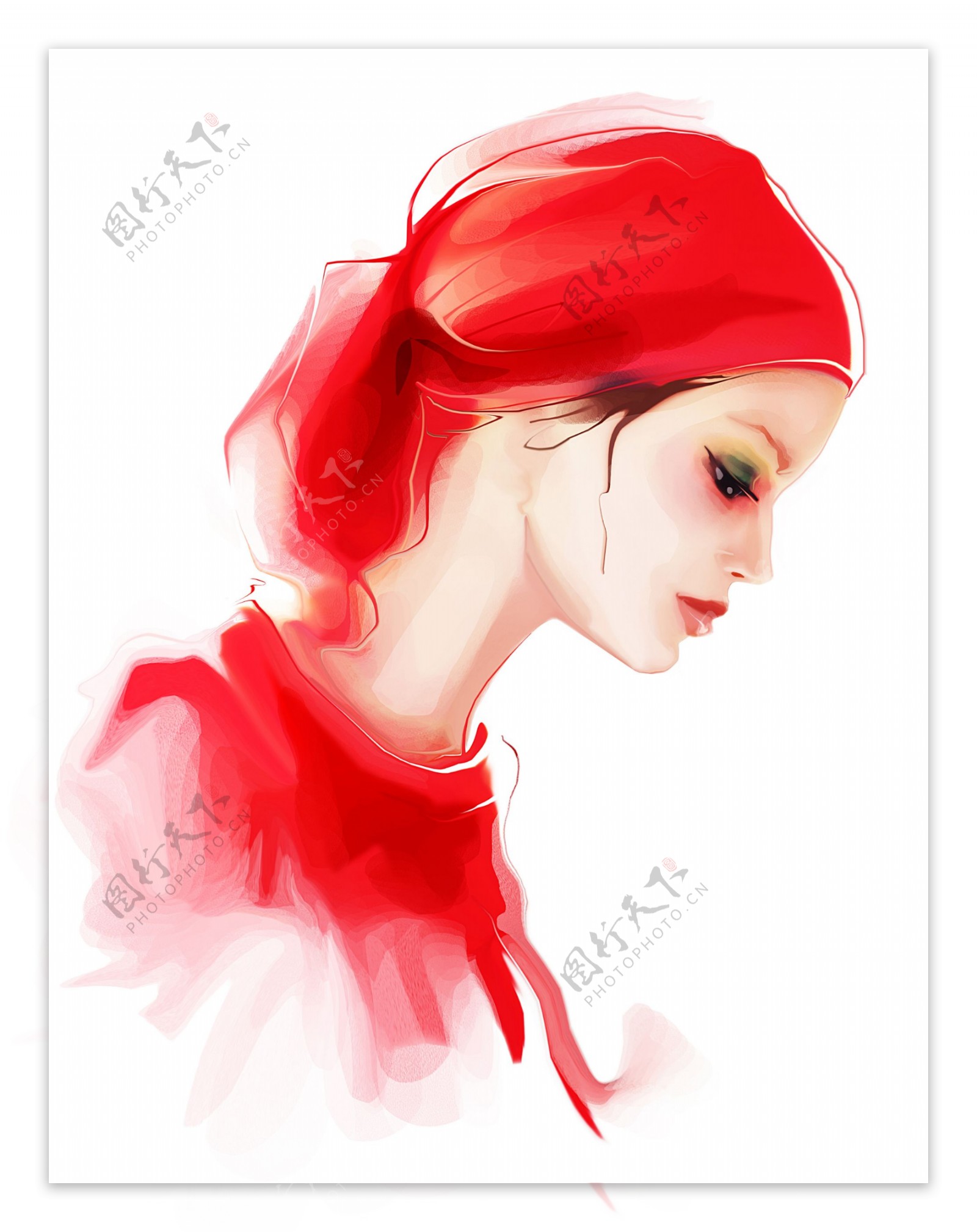 红色头巾美女插画图片