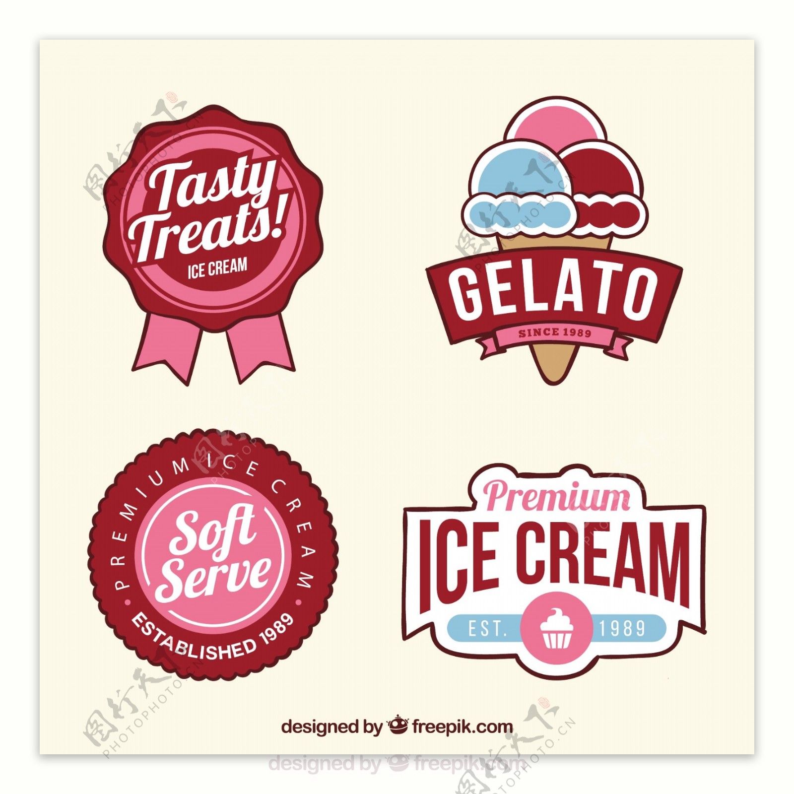 彩色冰淇淋徽章图标平面设计模板