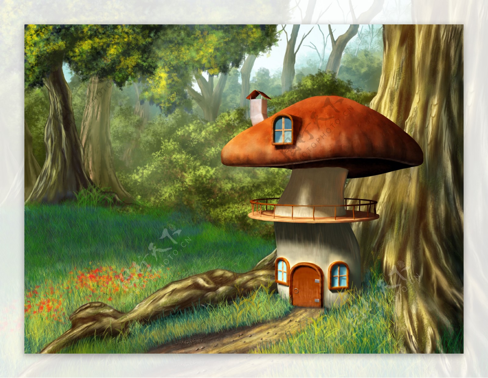 卡通树林里的蘑菇图片