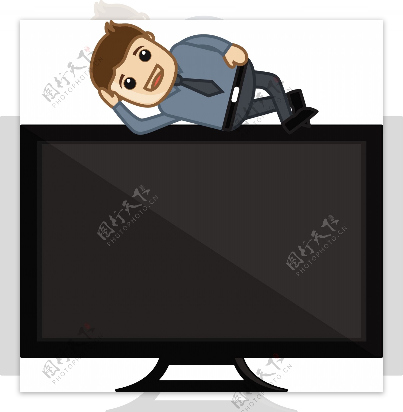 人躺在电视屏幕上的休闲概念的商业漫画