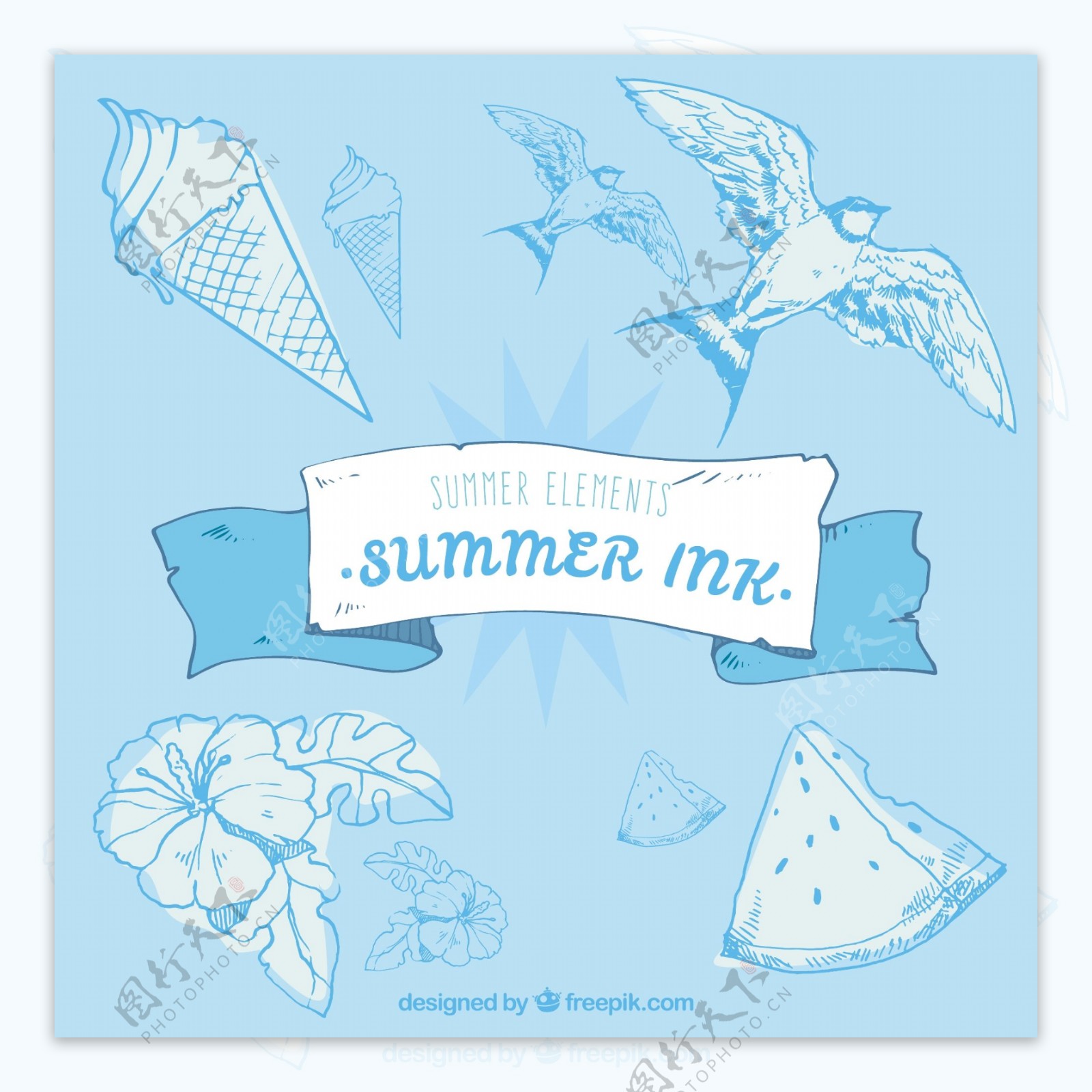 手绘夏季元素用品蓝色背景