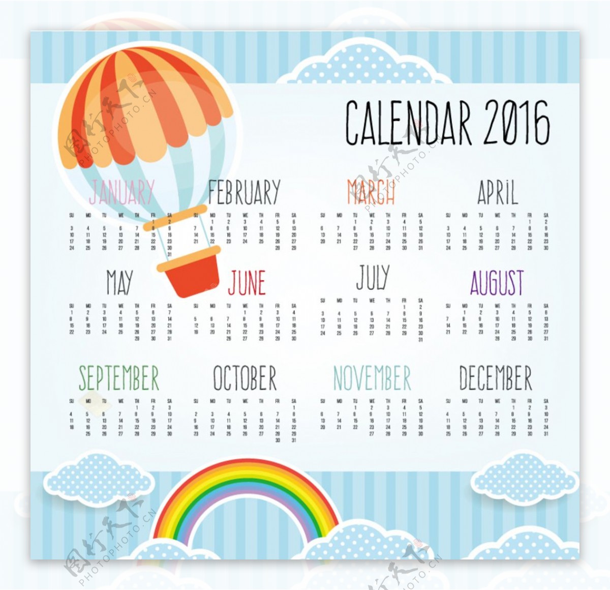 2016彩色热气球年历矢量图