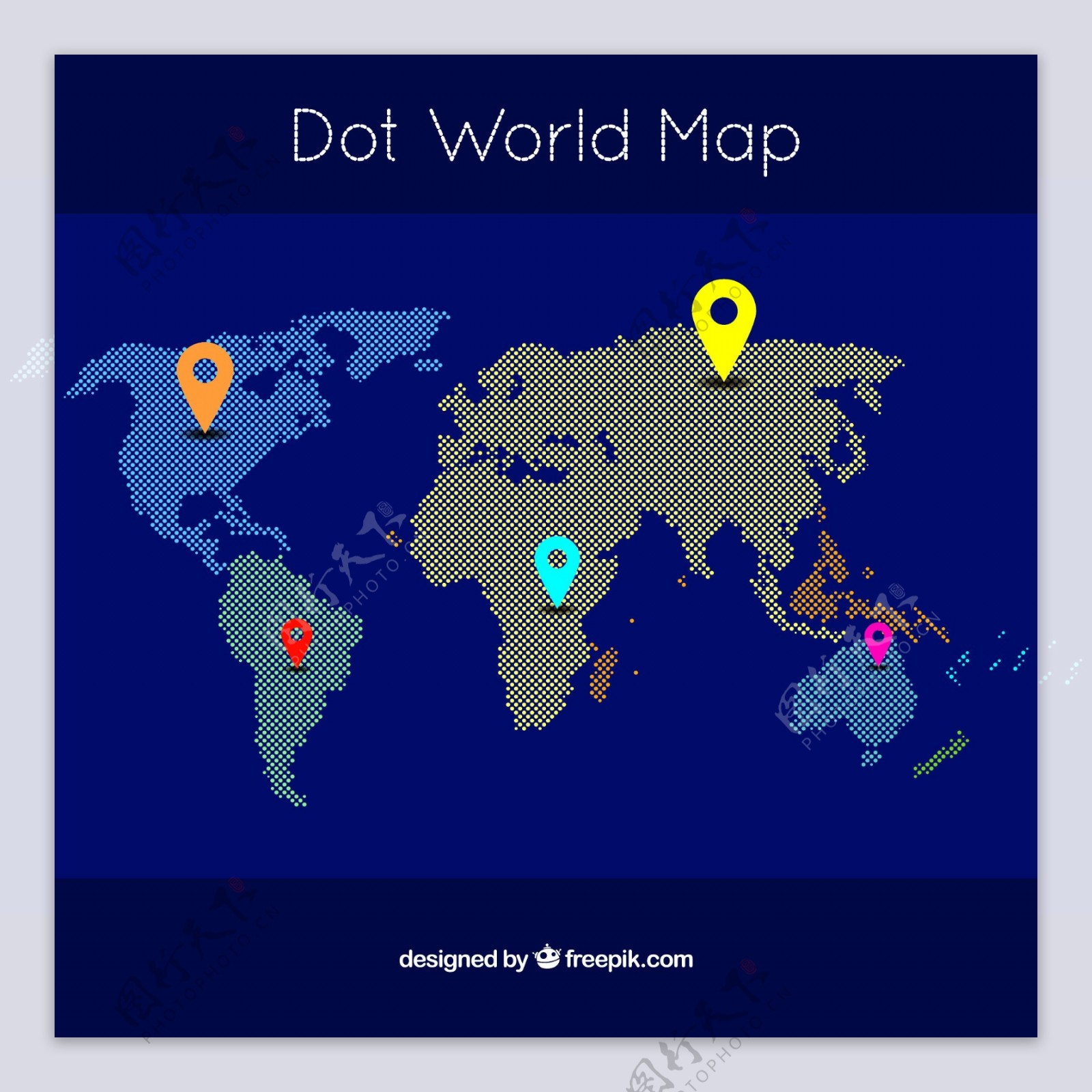 用点世界地图和彩色定位器