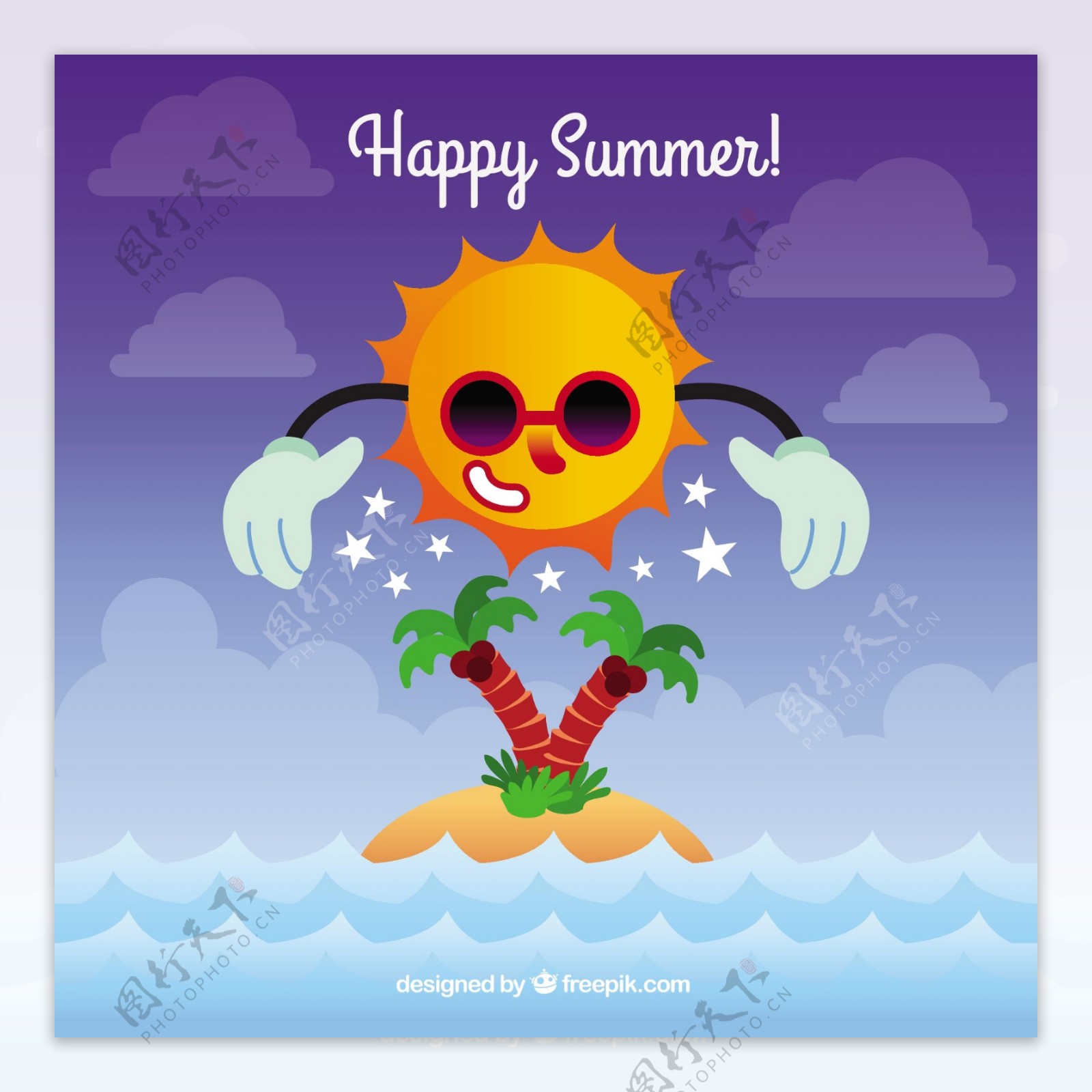 夏日背景与快乐的太阳和岛屿