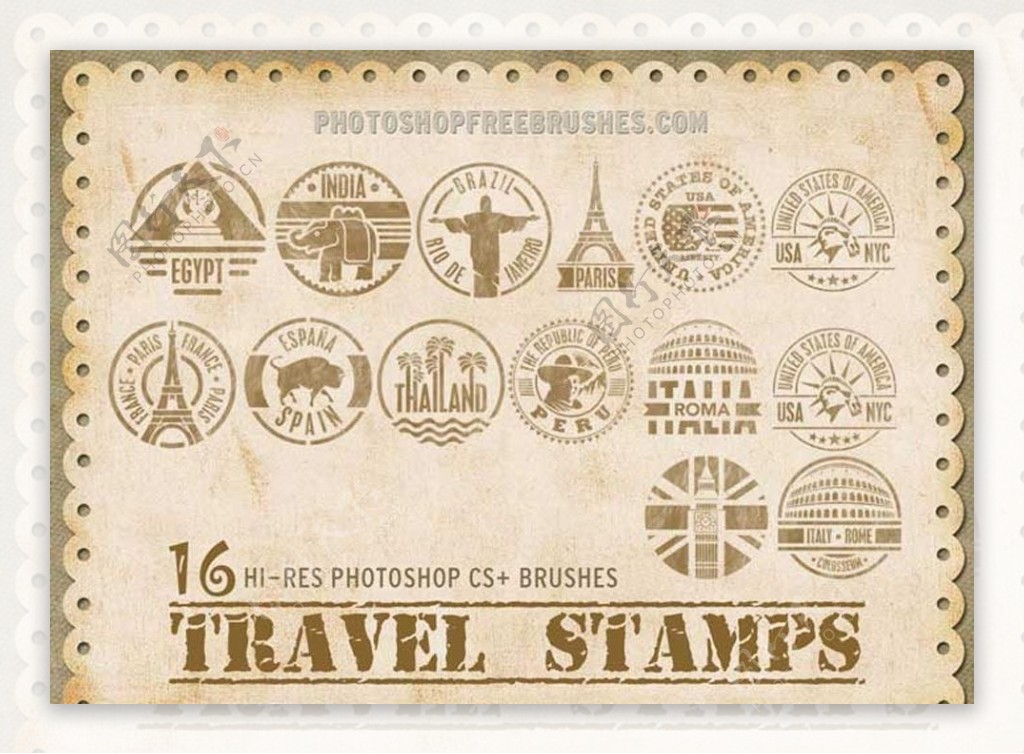 16款颓废的旅游邮票PS笔刷