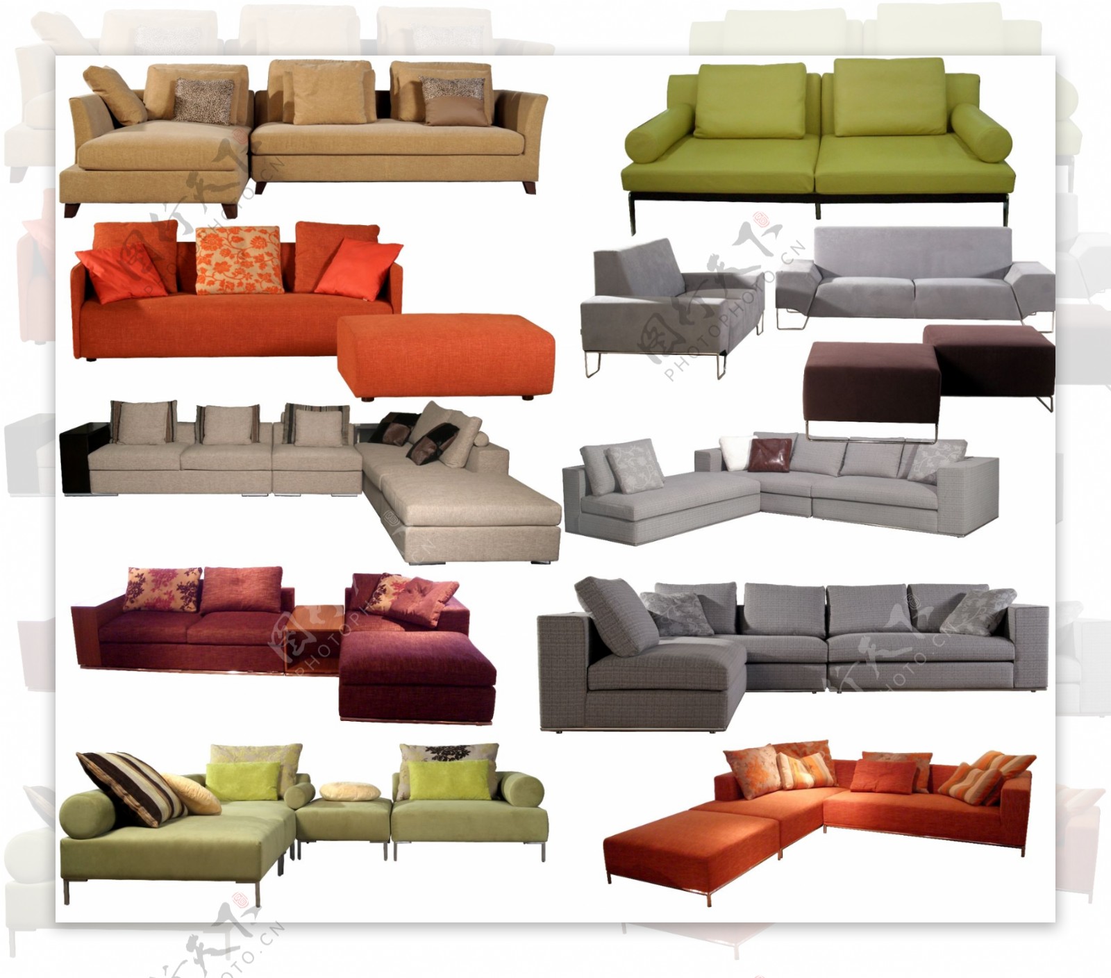 各种款式和颜色的沙发