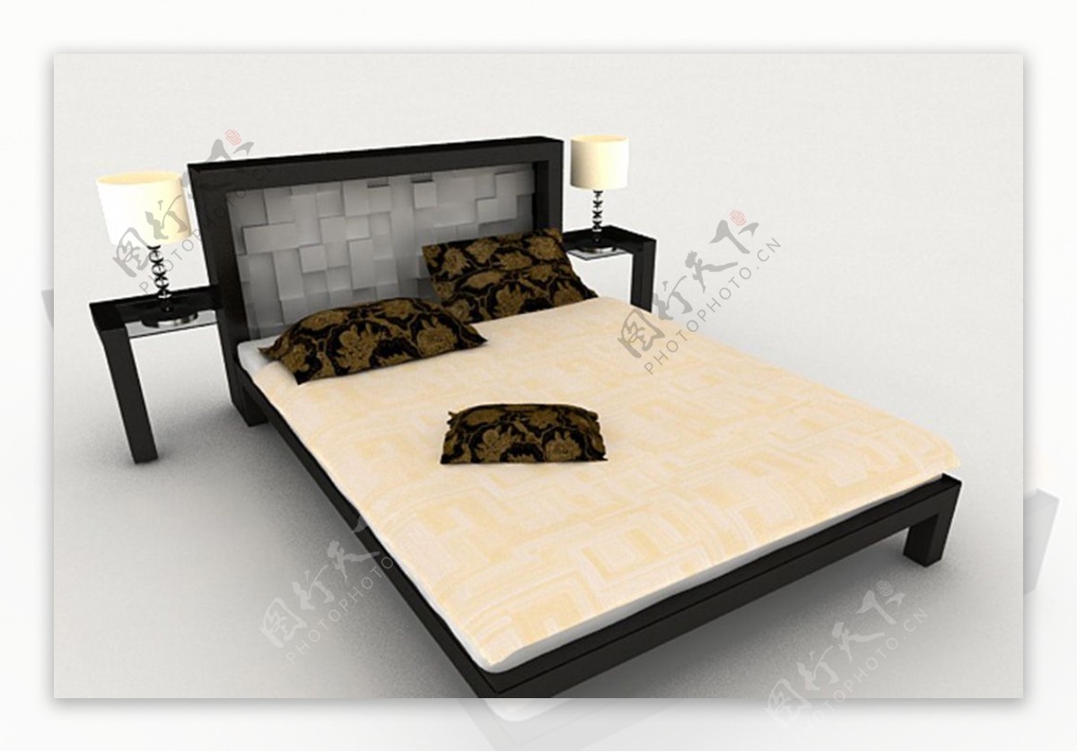 新中式简单双人床3d模型下载