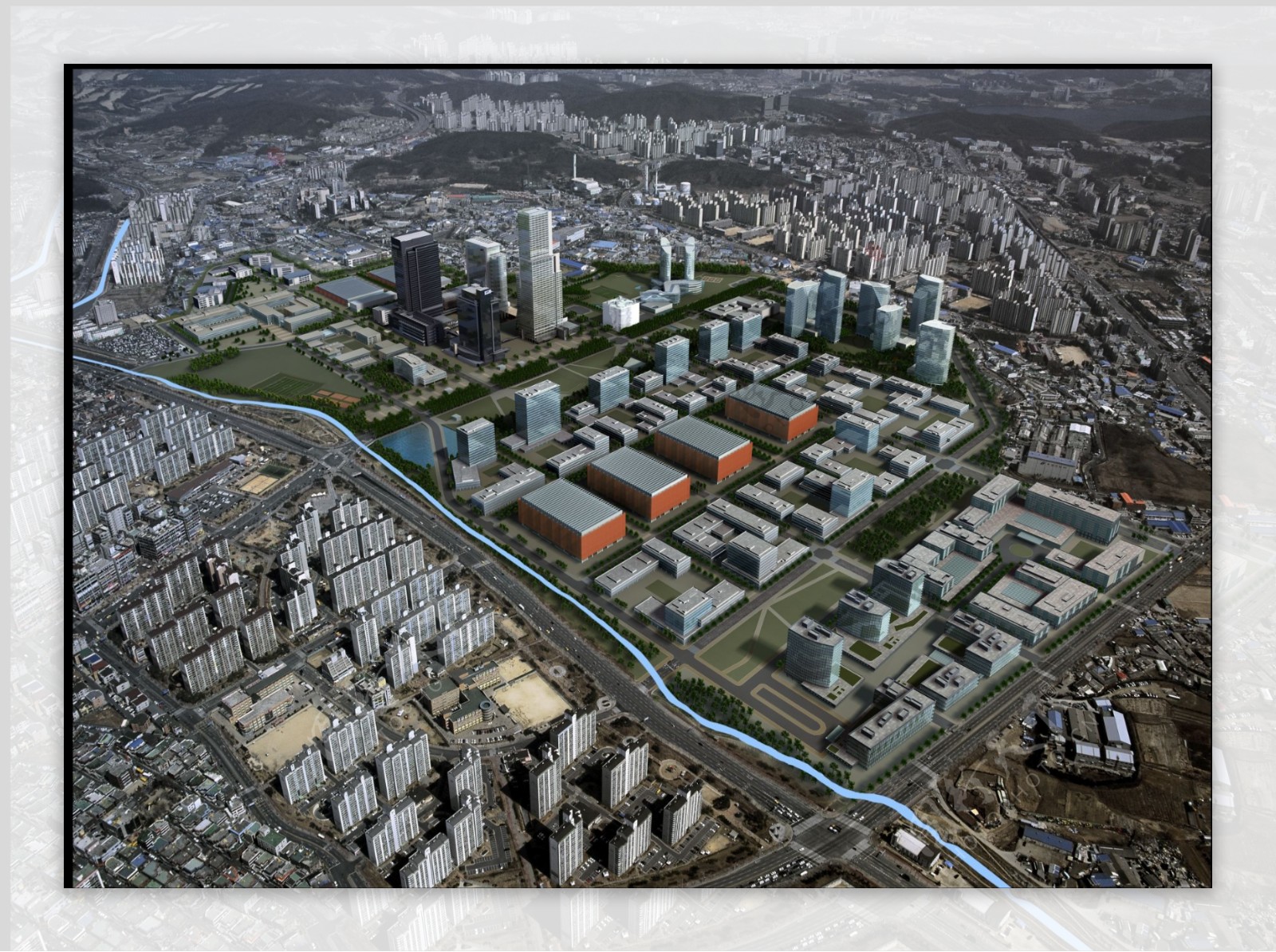 城市建筑群鸟瞰效果图PSD分层素材