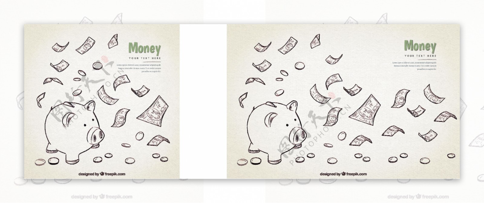 小猪银行素描和帐单的背景