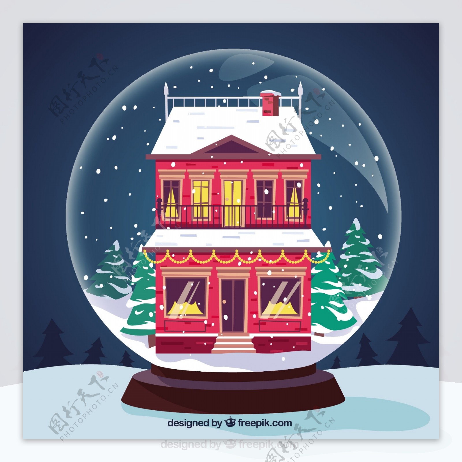 圣诞球背景与漂亮的红房子降雪
