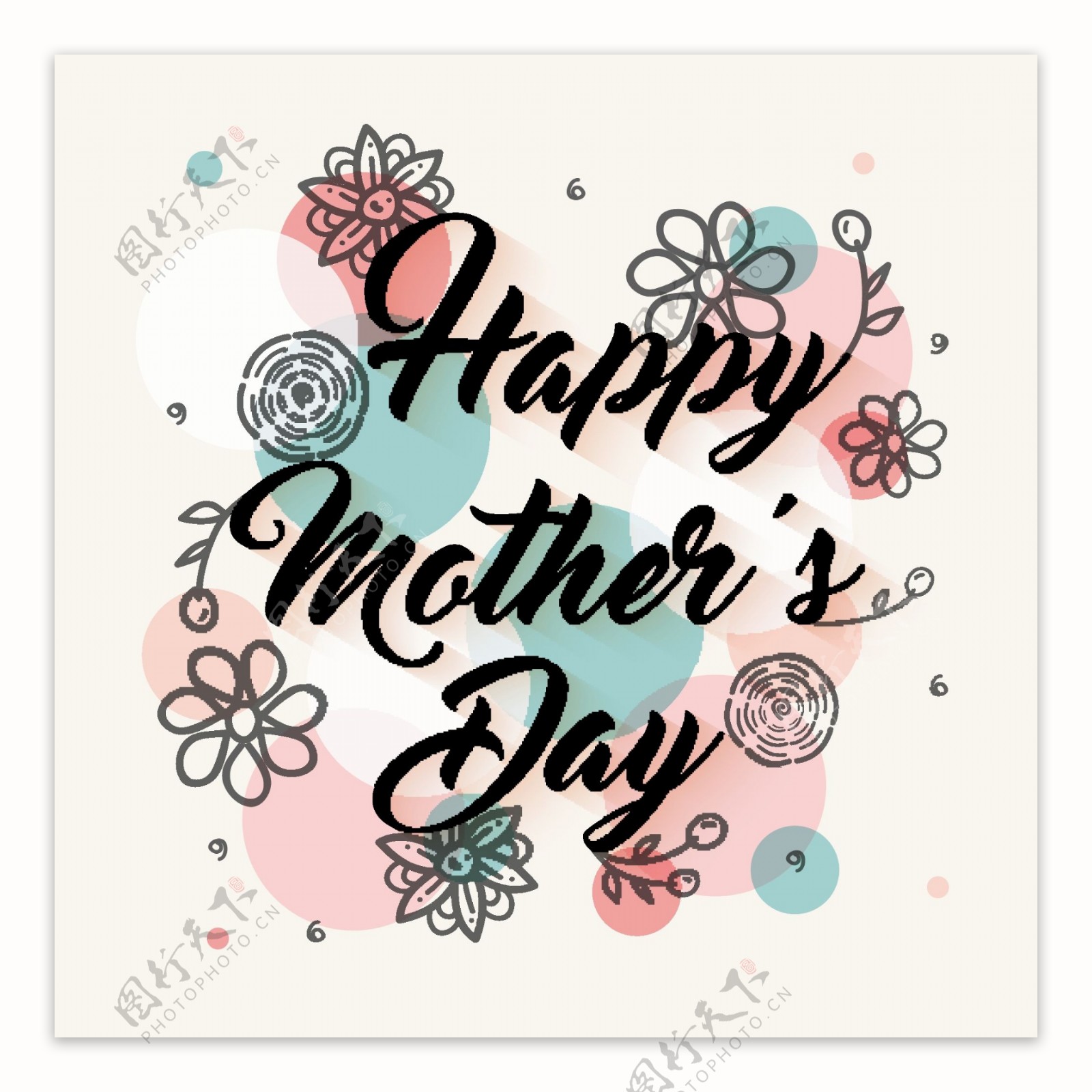 手绘母亲节快乐用美丽的花朵抽象多彩的背景精美的贺卡设计