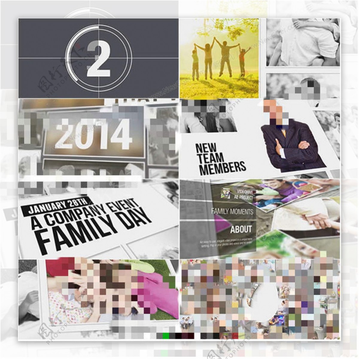 家庭或企业的一年回顾快速切换的动感图片相册展示AE模板