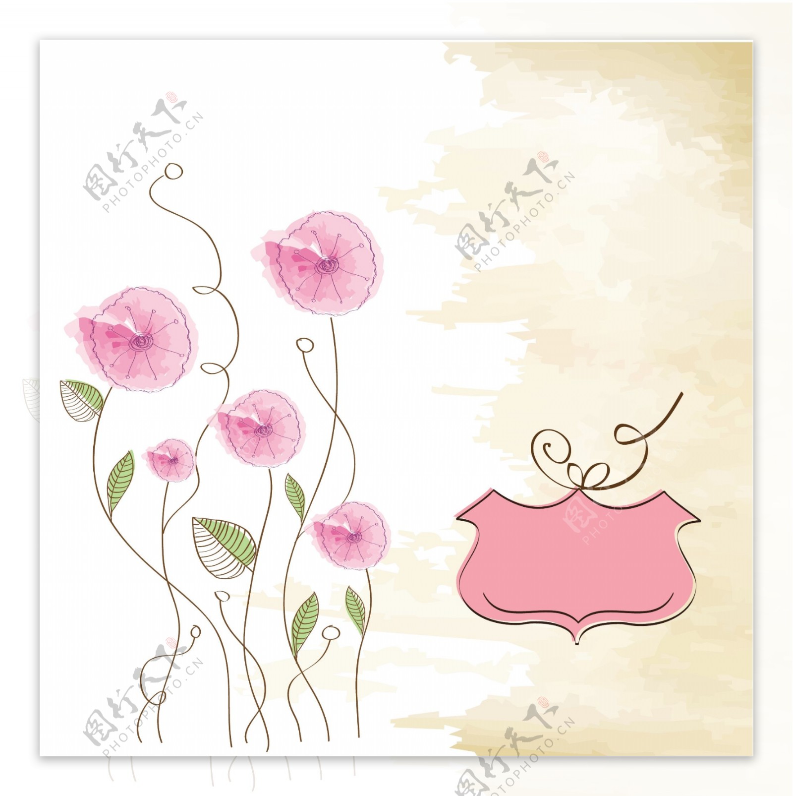 手绘背景与粉红色的花