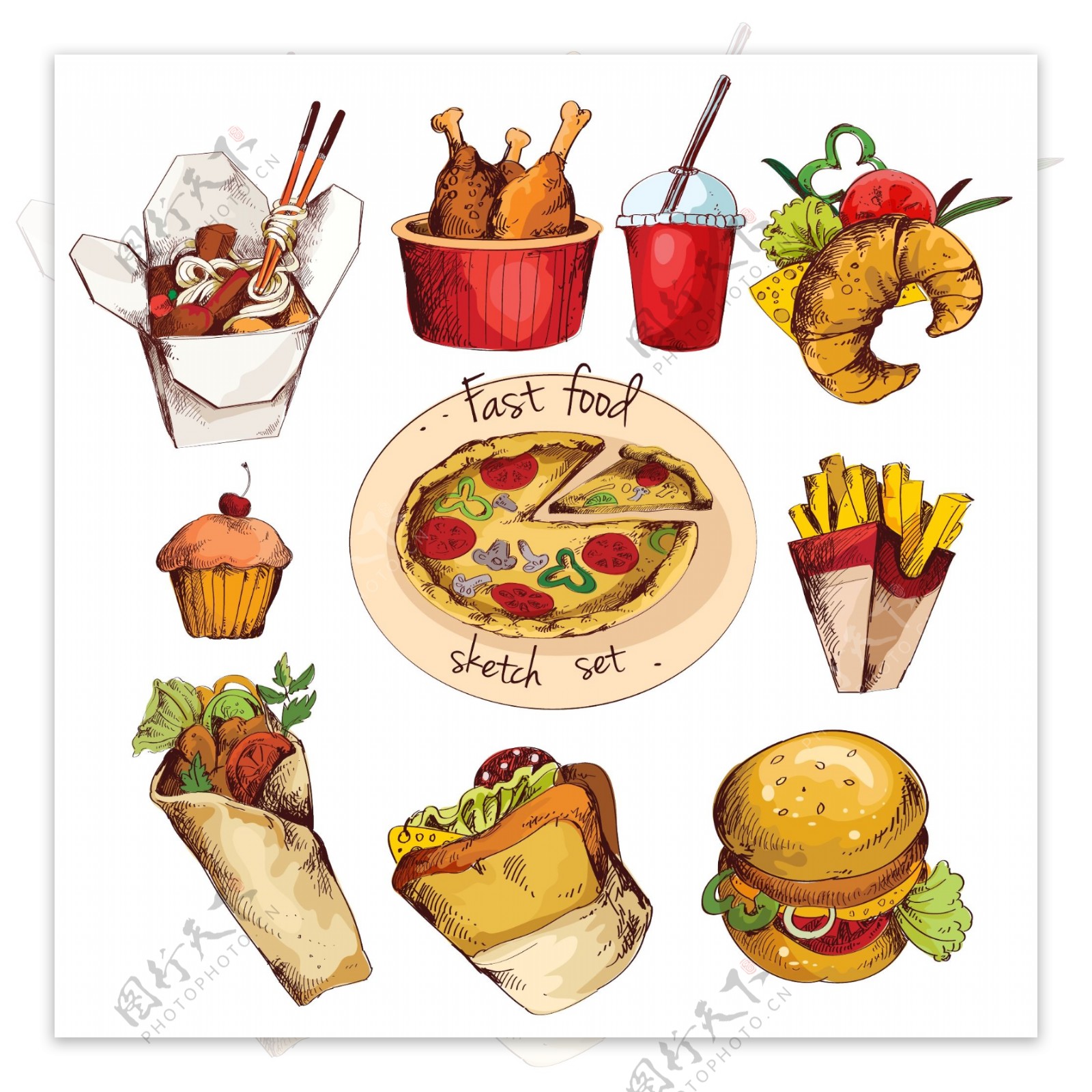 10款彩绘快餐食品矢量图