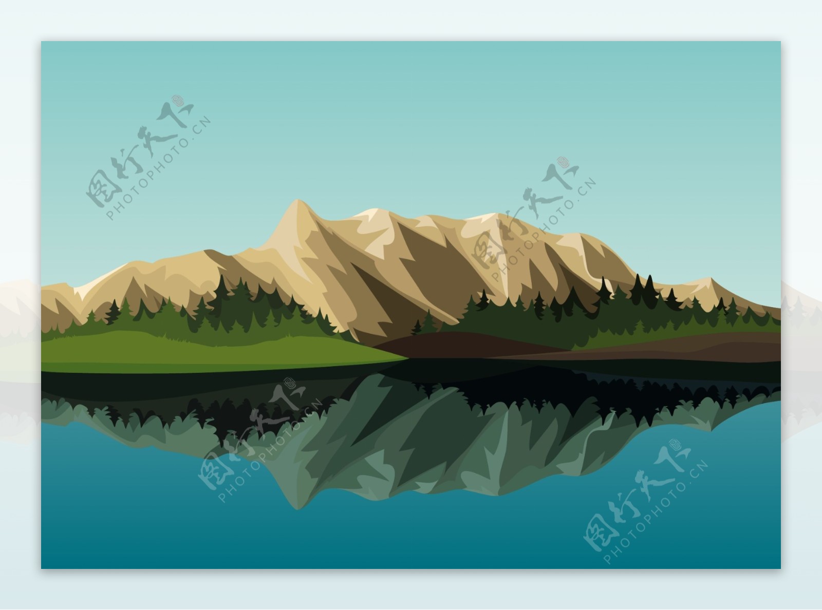 湖边的山峰风景插画
