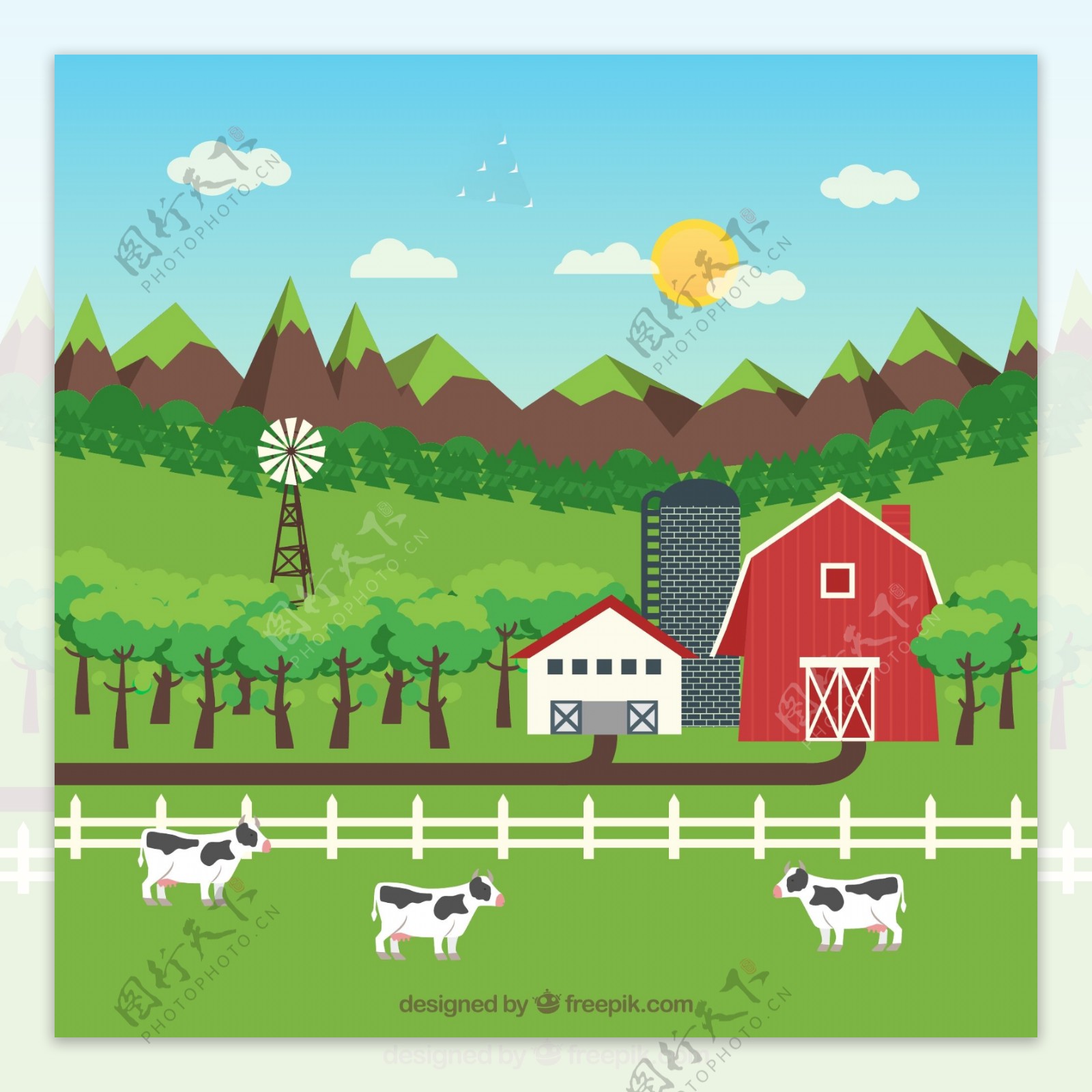 山区农场风景和奶牛设计矢量素材