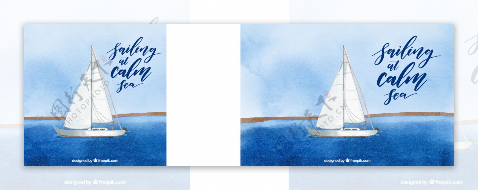 水彩画蓝色背景帆船矢量素材
