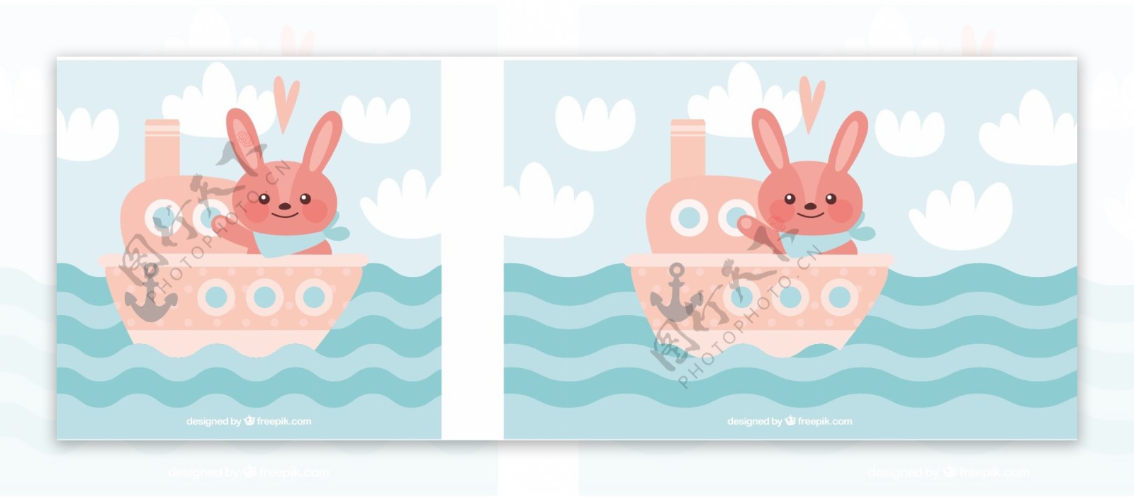 可爱的粉红色船与兔子的背景