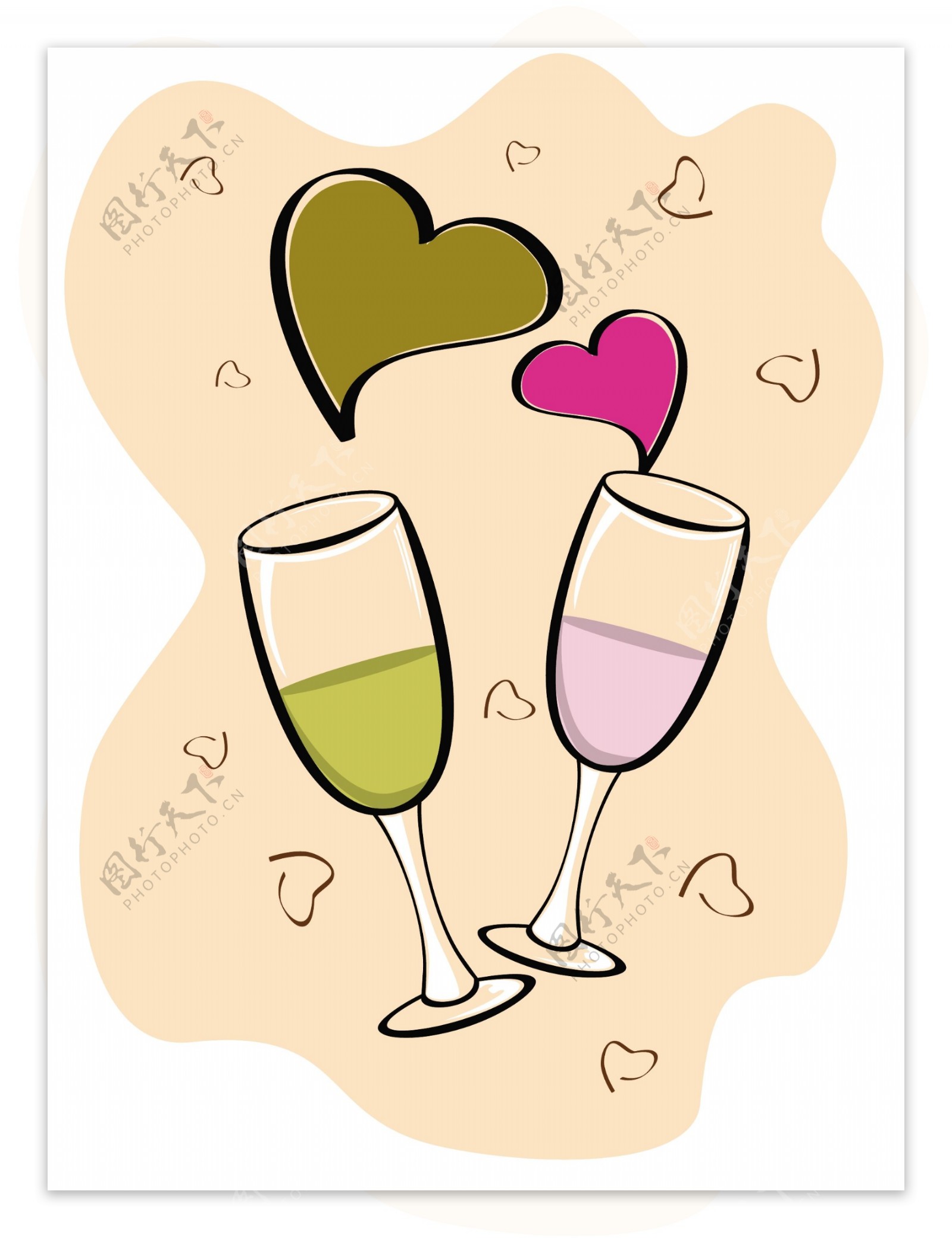 情人节背景矢量与两杯酒和心脏的形状