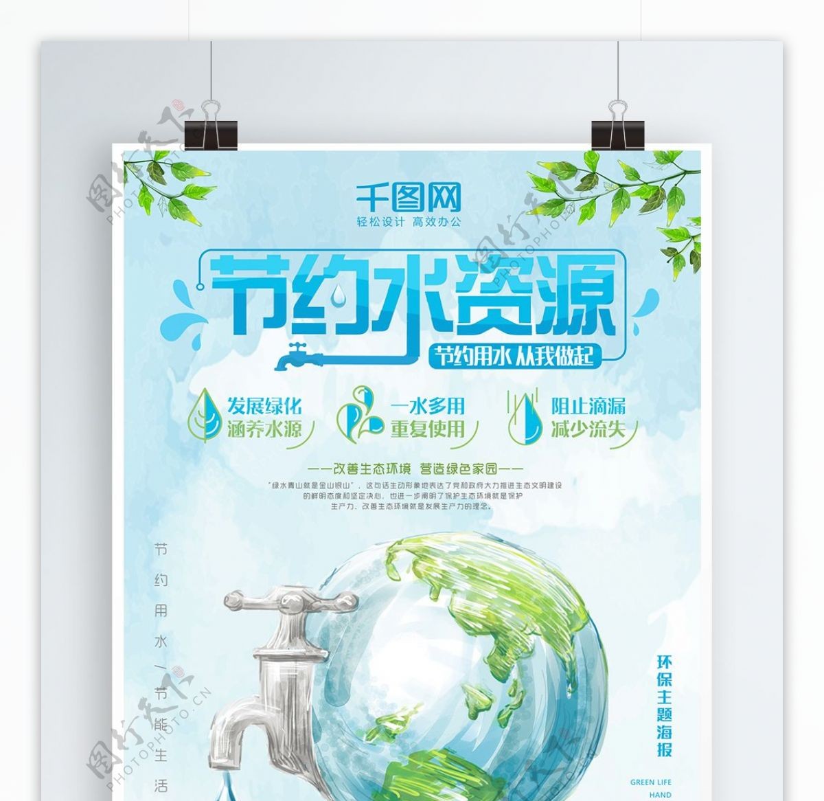 蓝色简约清新节约水资源节约能源公益海报