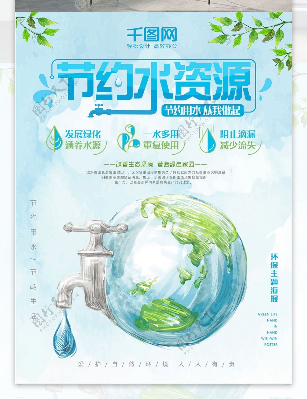 蓝色简约清新节约水资源节约能源公益海报