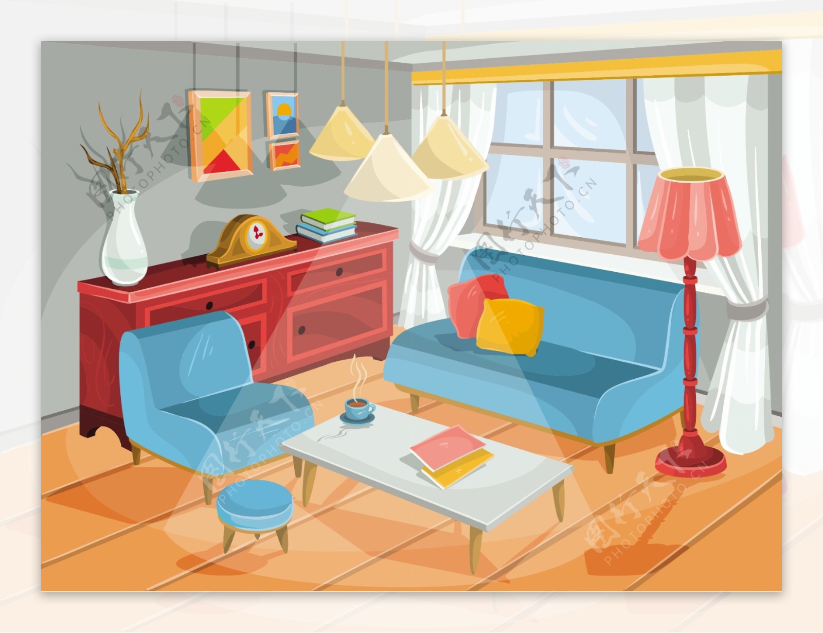 一个温馨的室内客厅的卡通内部的矢量插图