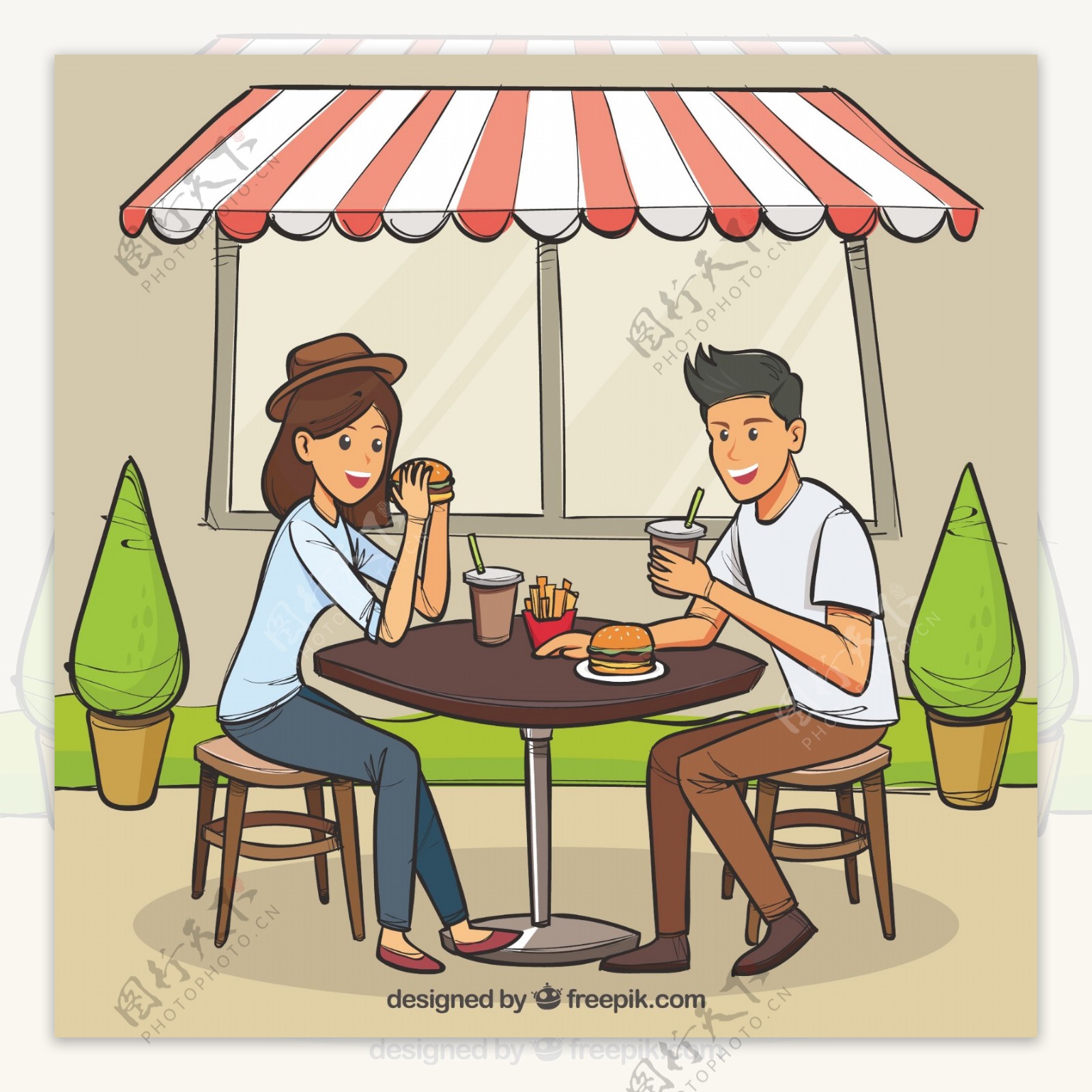 手绘的年轻夫妇在户外吃汉堡