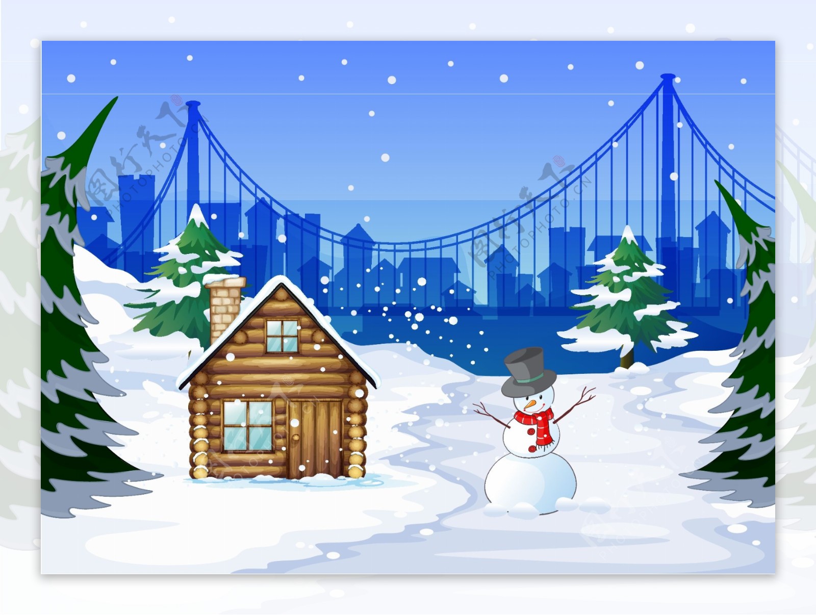 冬天里的小屋和雪人插画