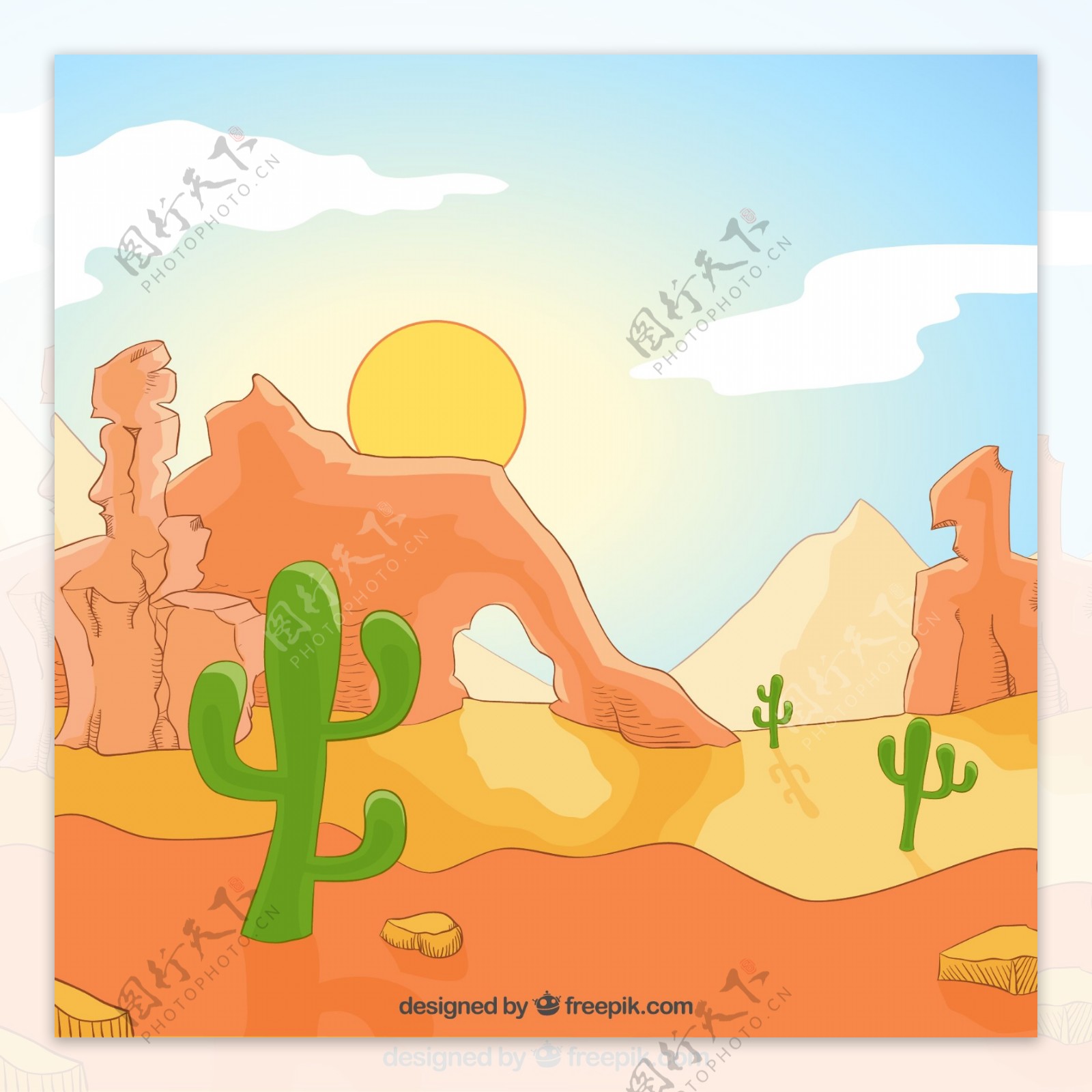 彩绘沙漠戈壁和仙人掌风景矢量
